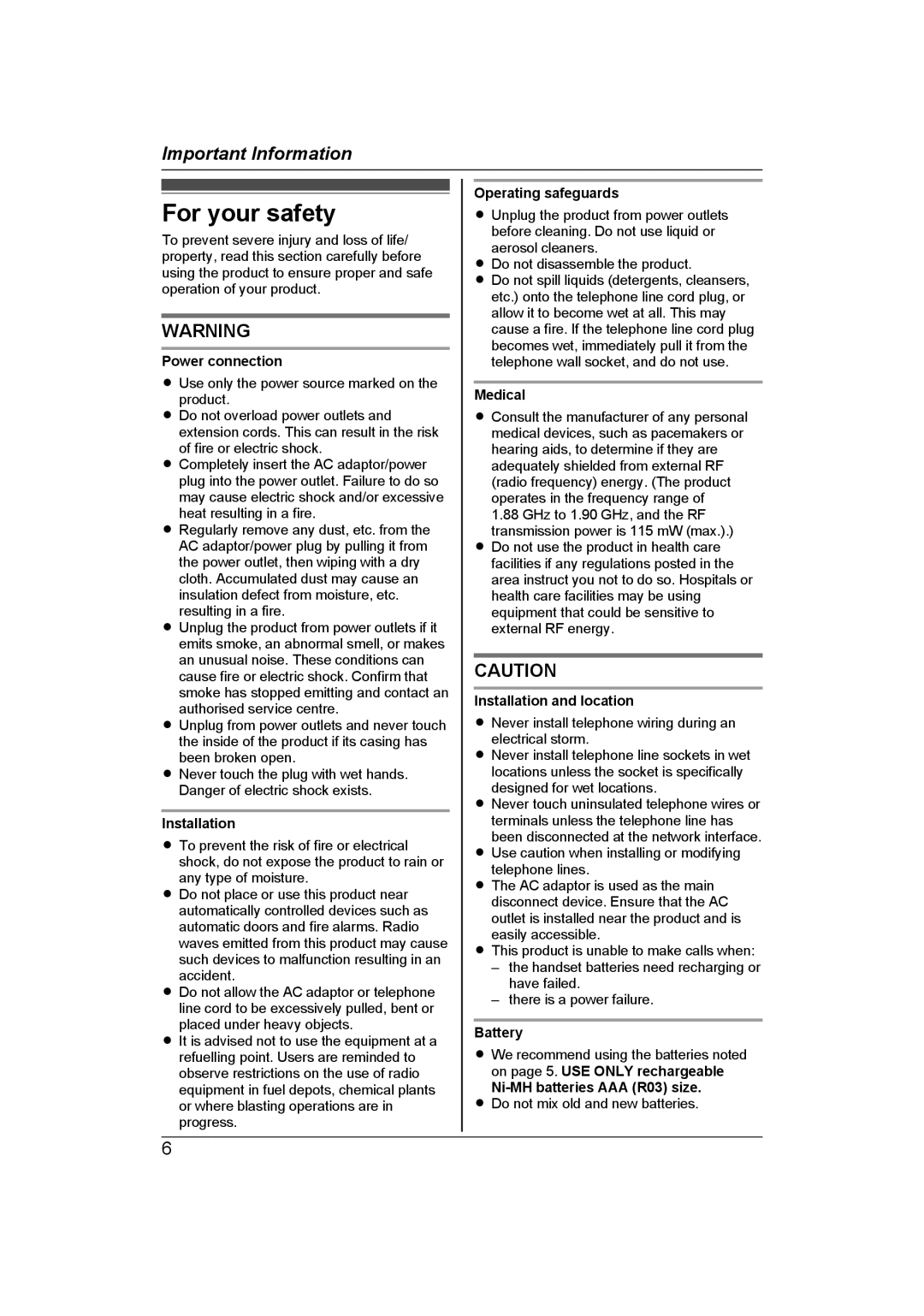 Panasonic KX-TG7653AZ, KX-TG7652AZ operating instructions For your safety 