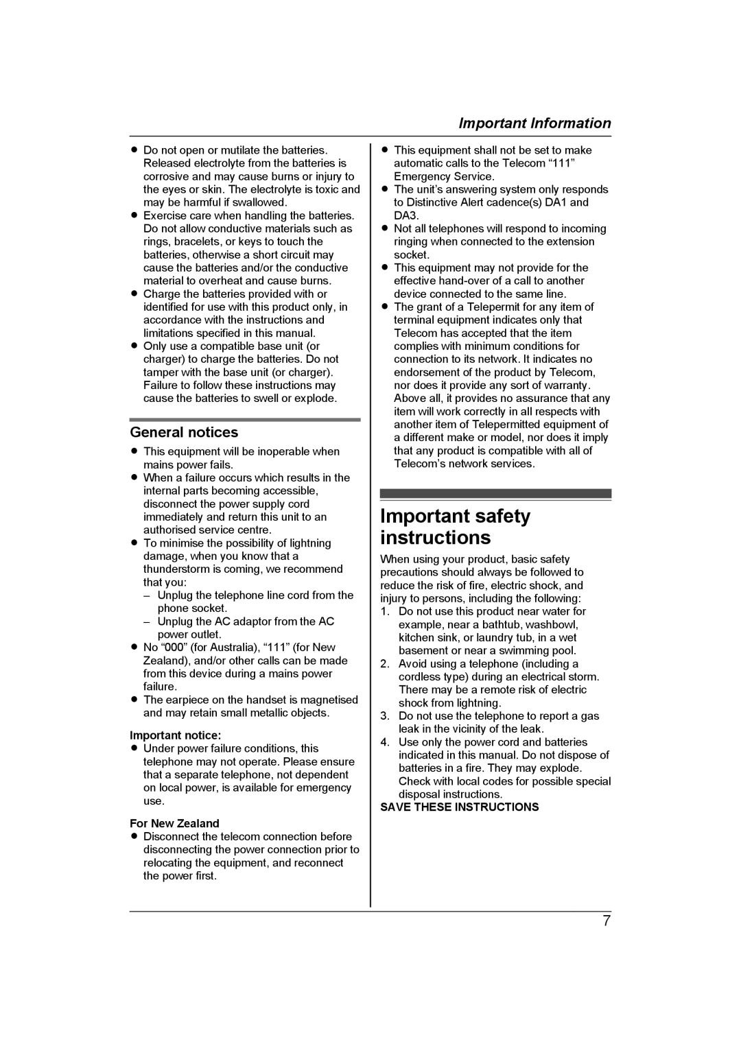 Panasonic KX-TG7652AZ, KX-TG7653AZ operating instructions Important safety instructions 