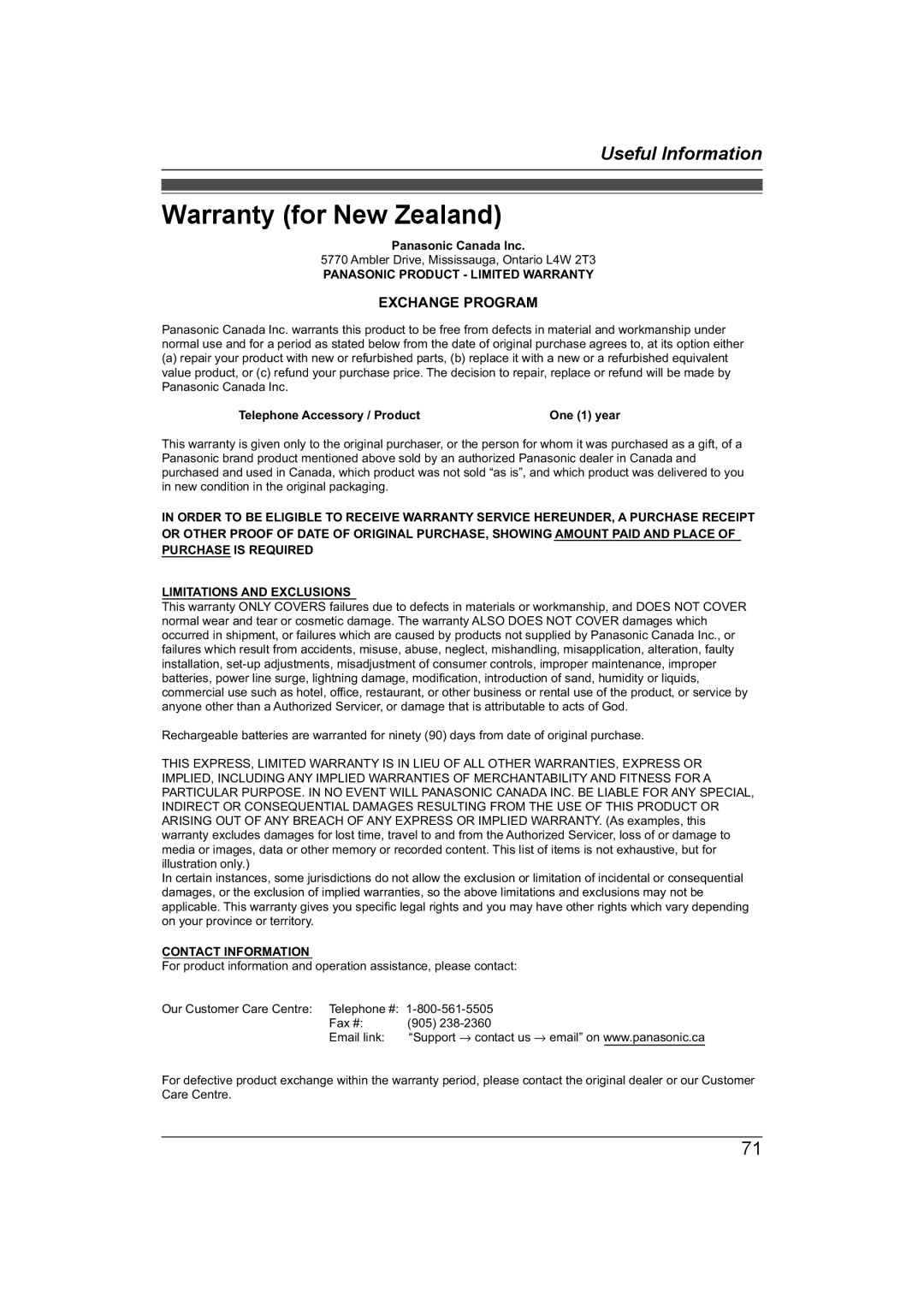 Panasonic KX-TG7652AZ, KX-TG7653AZ operating instructions Warranty for New Zealand, Exchange Program 