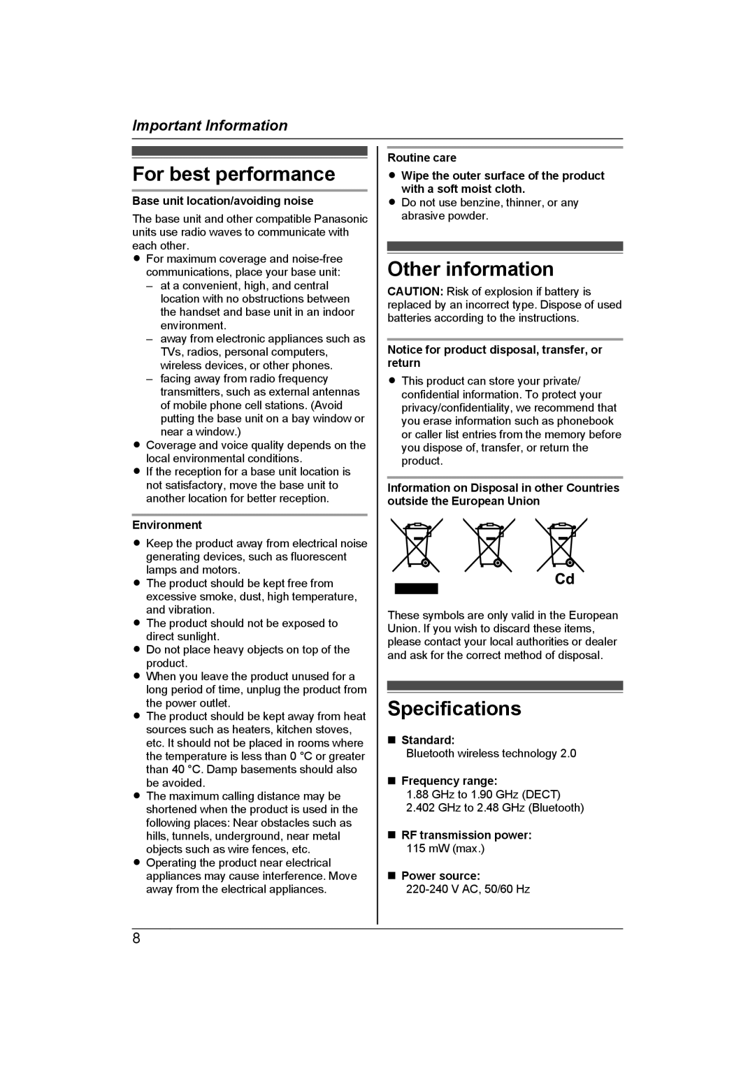 Panasonic KX-TG7653AZ, KX-TG7652AZ operating instructions For best performance 