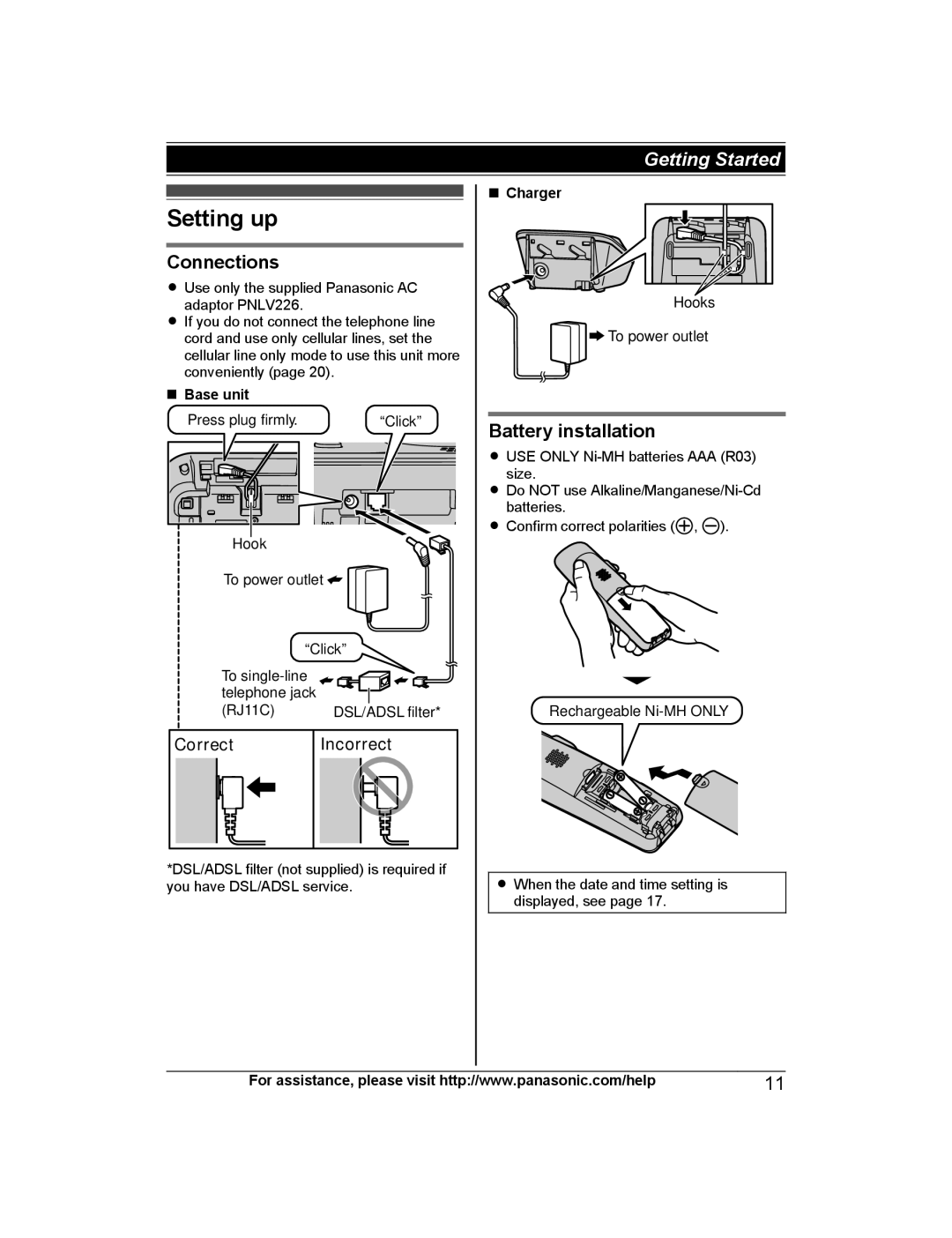 Panasonic KX-TG7742S, KX-TG7745, KX-TG7743, KX-TG7741 Setting up, Connections, Battery installation, Correct Incorrect 