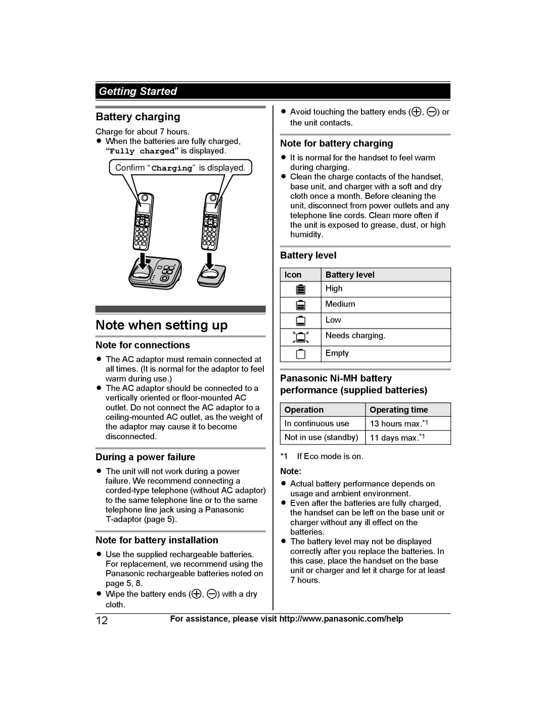 Panasonic KX-TG7743S, KX-TG7742, KX-TG7745 Battery charging, Battery level, Panasonic Ni-MH battery, During a power failure 