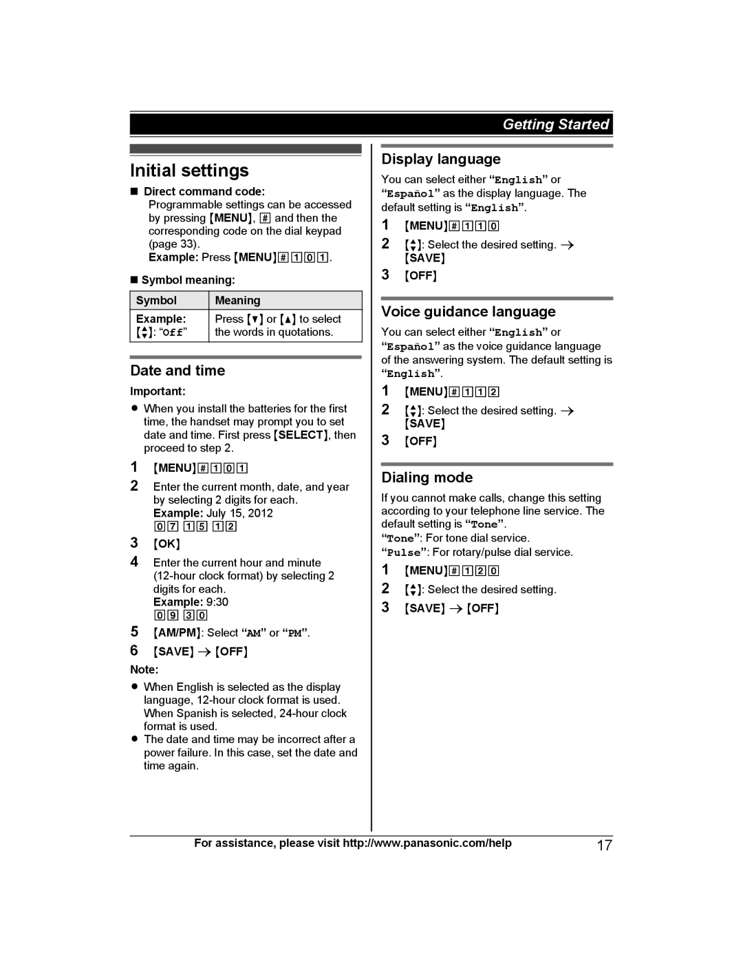 Panasonic KXTG7731S, KX-TG7742 Initial settings, Date and time, Display language, Voice guidance language, Dialing mode 