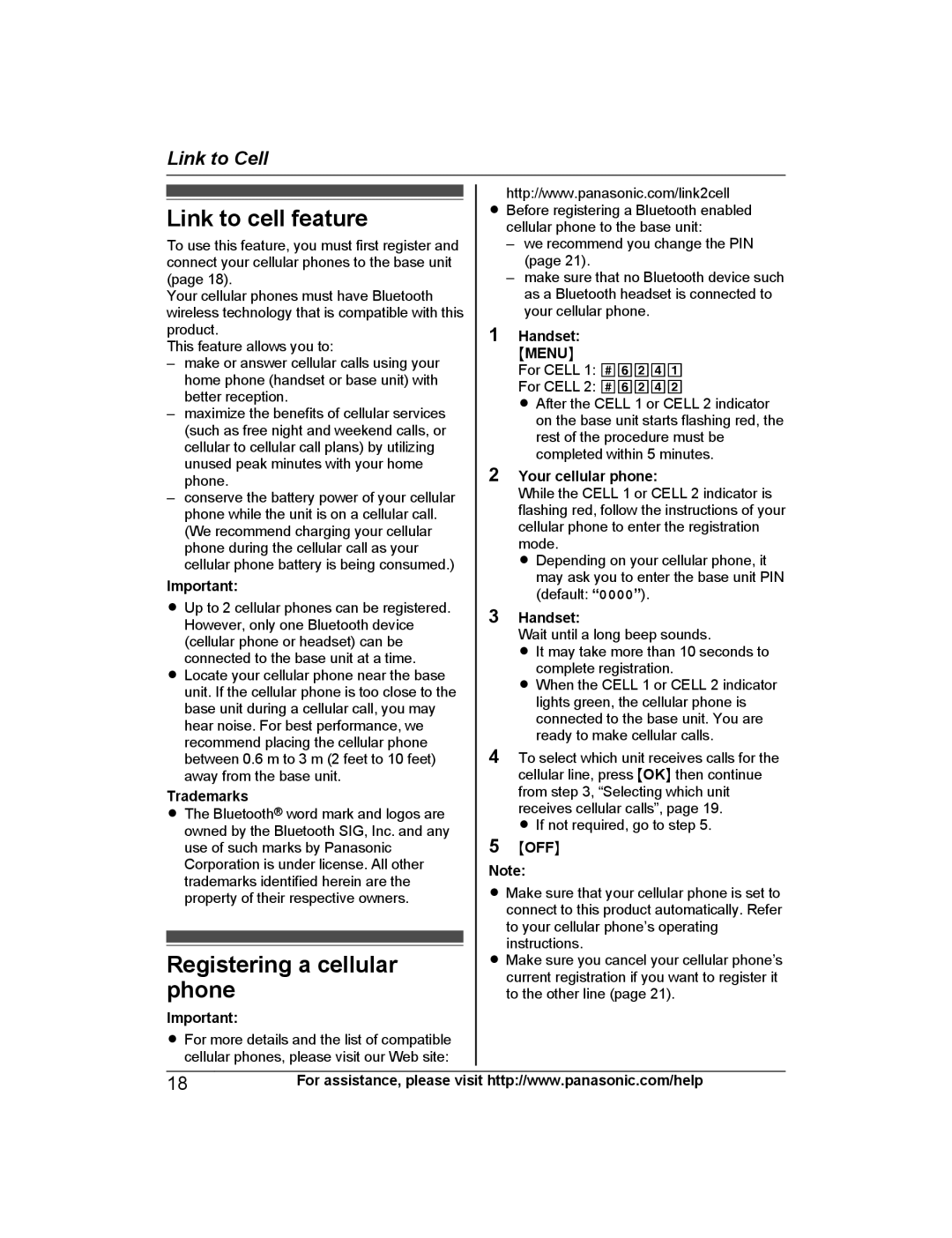 Panasonic KXTG7745S, KX-TG7742, KX-TG7745, KX-TG7743, KX-TG7741 Link to cell feature, Registering a cellular phone, Mmenun 