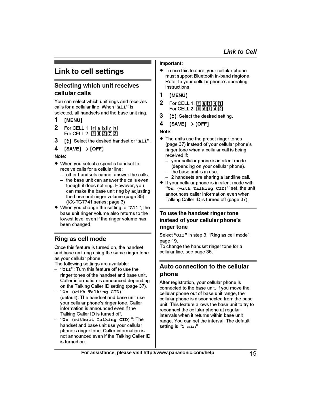 Panasonic KXTG7742S, KX-TG7742 Link to cell settings, Selecting which unit receives cellular calls, Ring as cell mode 