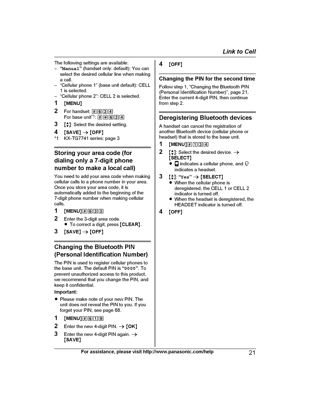 Panasonic KXTG7732S Changing the Bluetooth PIN Personal Identification Number, Deregistering Bluetooth devices, Mselectn 