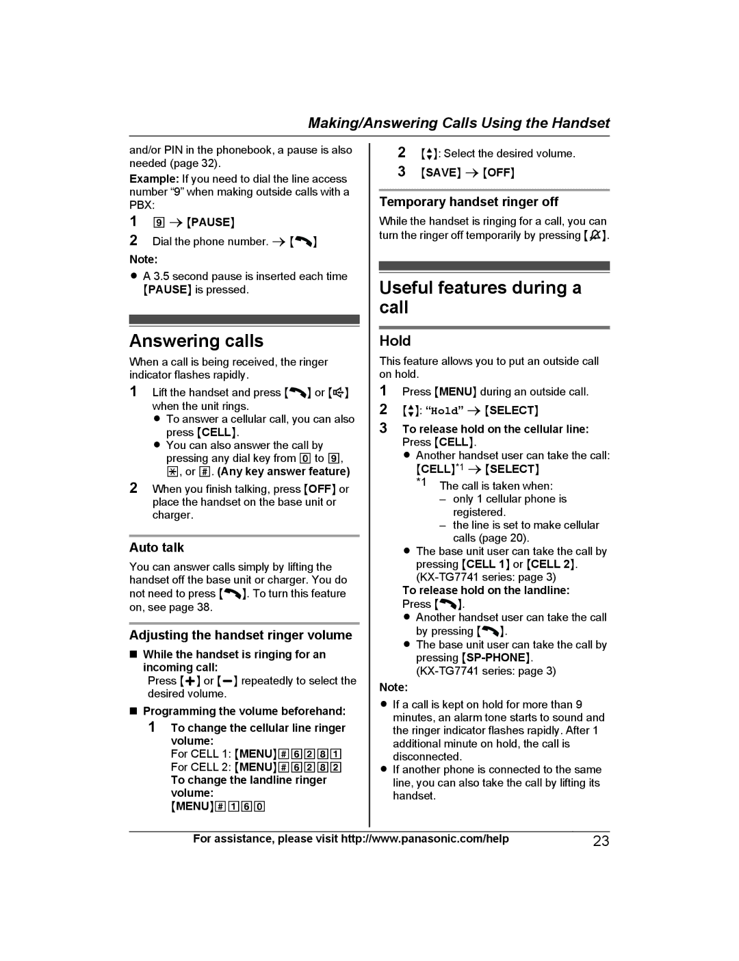 Panasonic KX-TG7742, KX-TG7745, KX-TG7743, KX-TG7741, KX-TG254SK Answering calls, Useful features during a call, Hold 