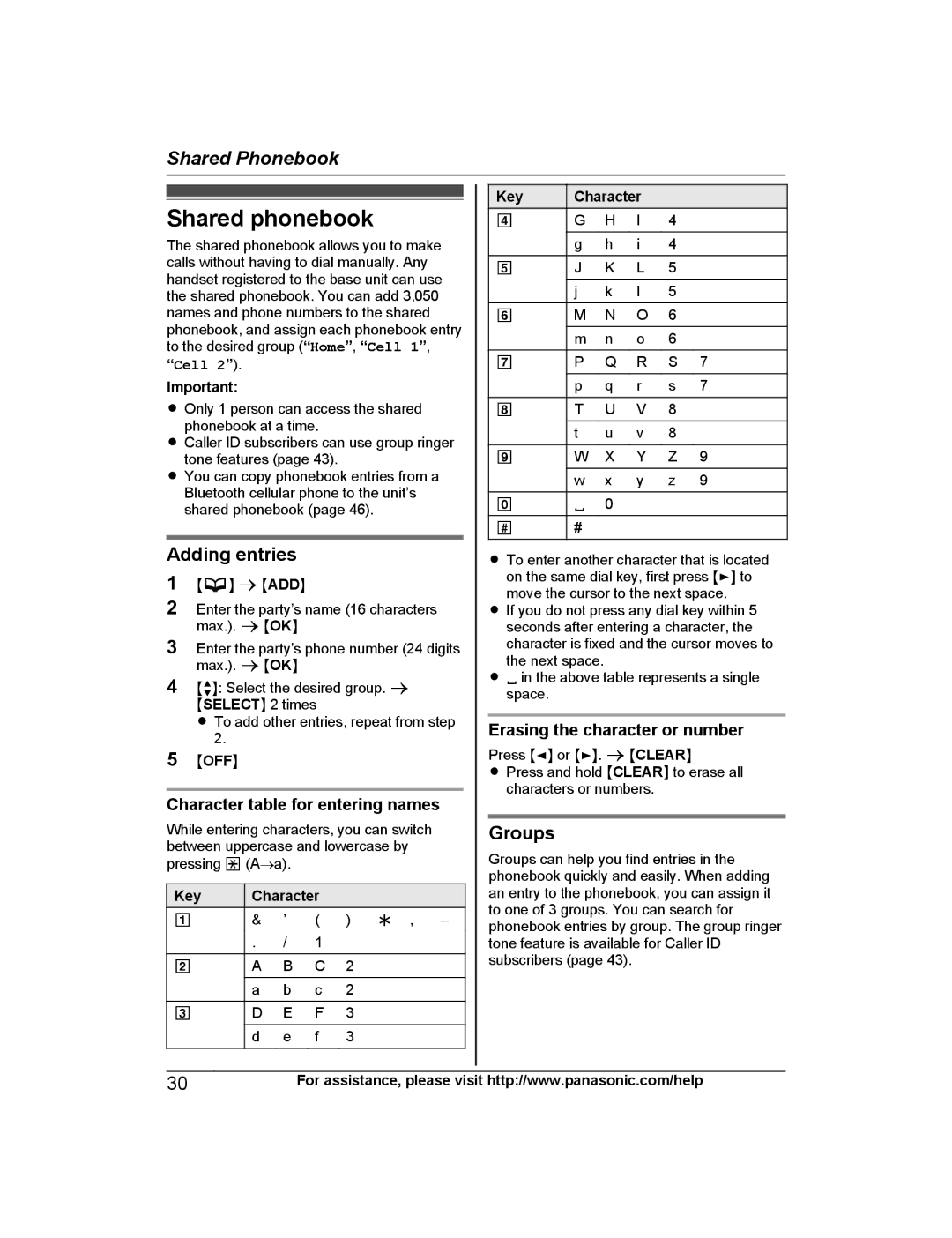 Panasonic KX-TG7733, KX-TG7742, KX-TG7745 Shared phonebook, Adding entries, Groups, Character table for entering names 