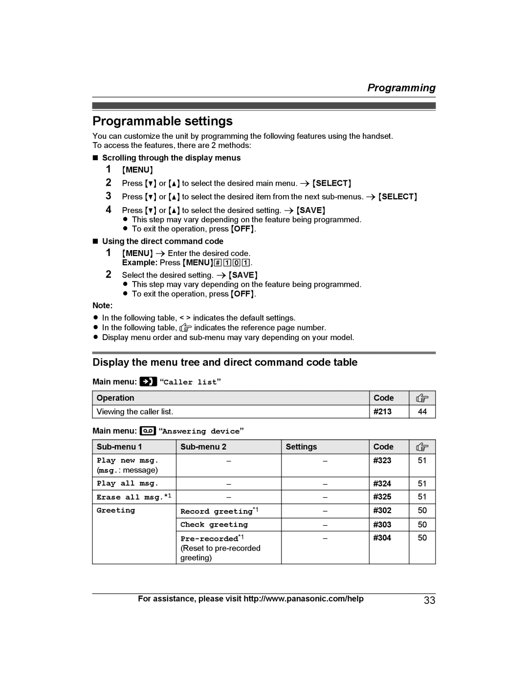 Panasonic KX-TG7733S, KX-TG7742 Programmable settings, Display the menu tree and direct command code table, Play new msg 