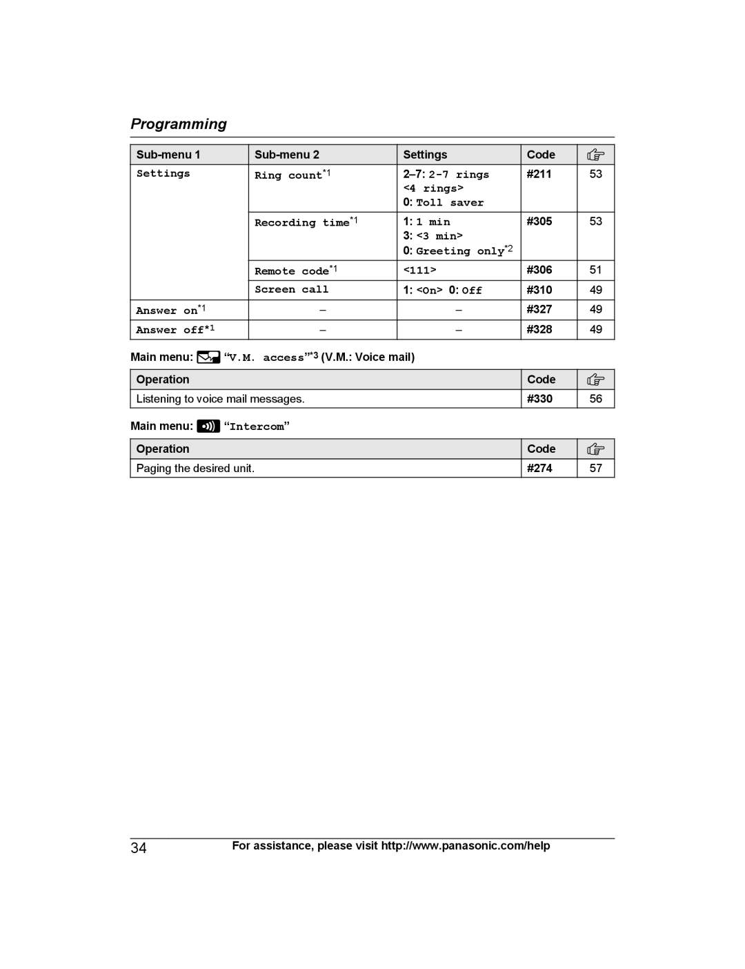 Panasonic KX-TG7742S Settings Ring count *1 2-7 rings, Rings Toll saver Recording time*1 Min, Screen call, Answer on*1 