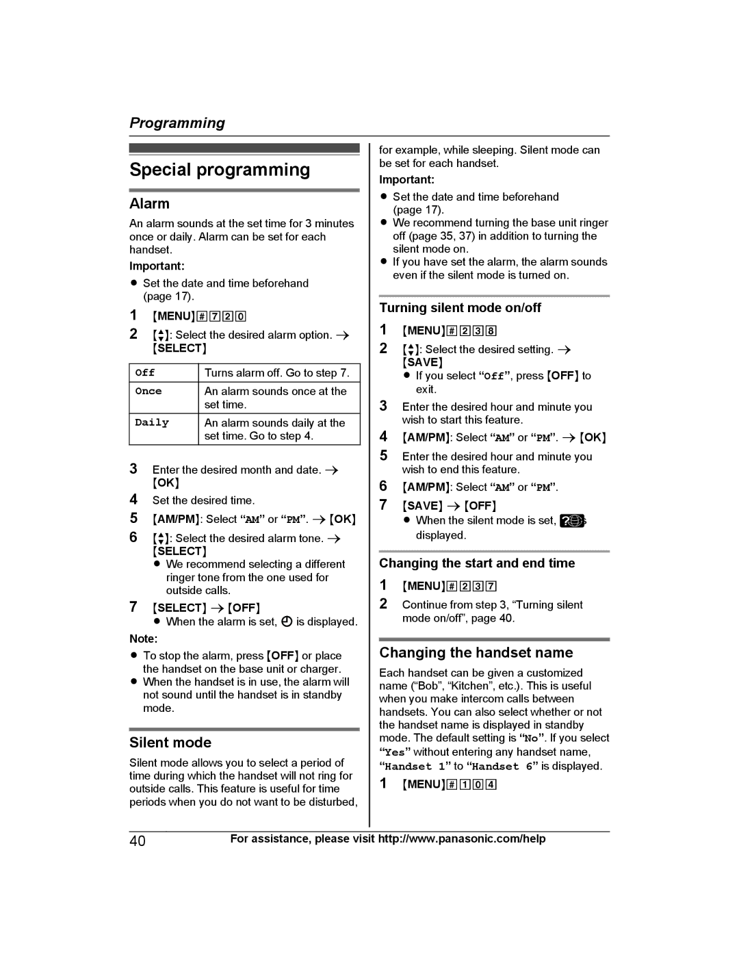 Panasonic KXTG7731S, KX-TG7742, KX-TG7745, KX-TG7743 Special programming, Alarm, Silent mode, Changing the handset name 