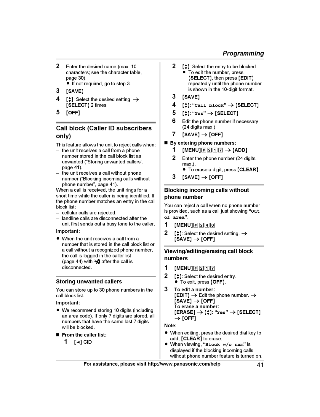 Panasonic KXTG7745S, KX-TG7742, KX-TG7745, KX-TG7743 Call block Caller ID subscribers only, Storing unwanted callers, Area 