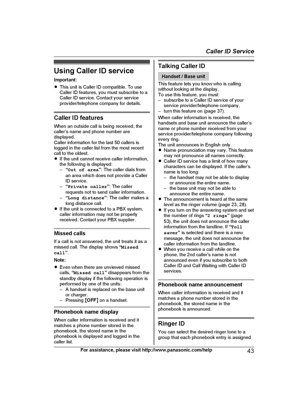 Panasonic KXTG7733S, KX-TG7742, KX-TG7745 Using Caller ID service, Caller ID features, Talking Caller ID, Ringer ID 