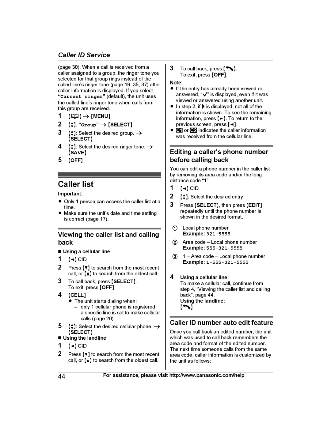 Panasonic KXTG7732S Caller list, Viewing the caller list and calling back, Caller ID number auto edit feature, Example 