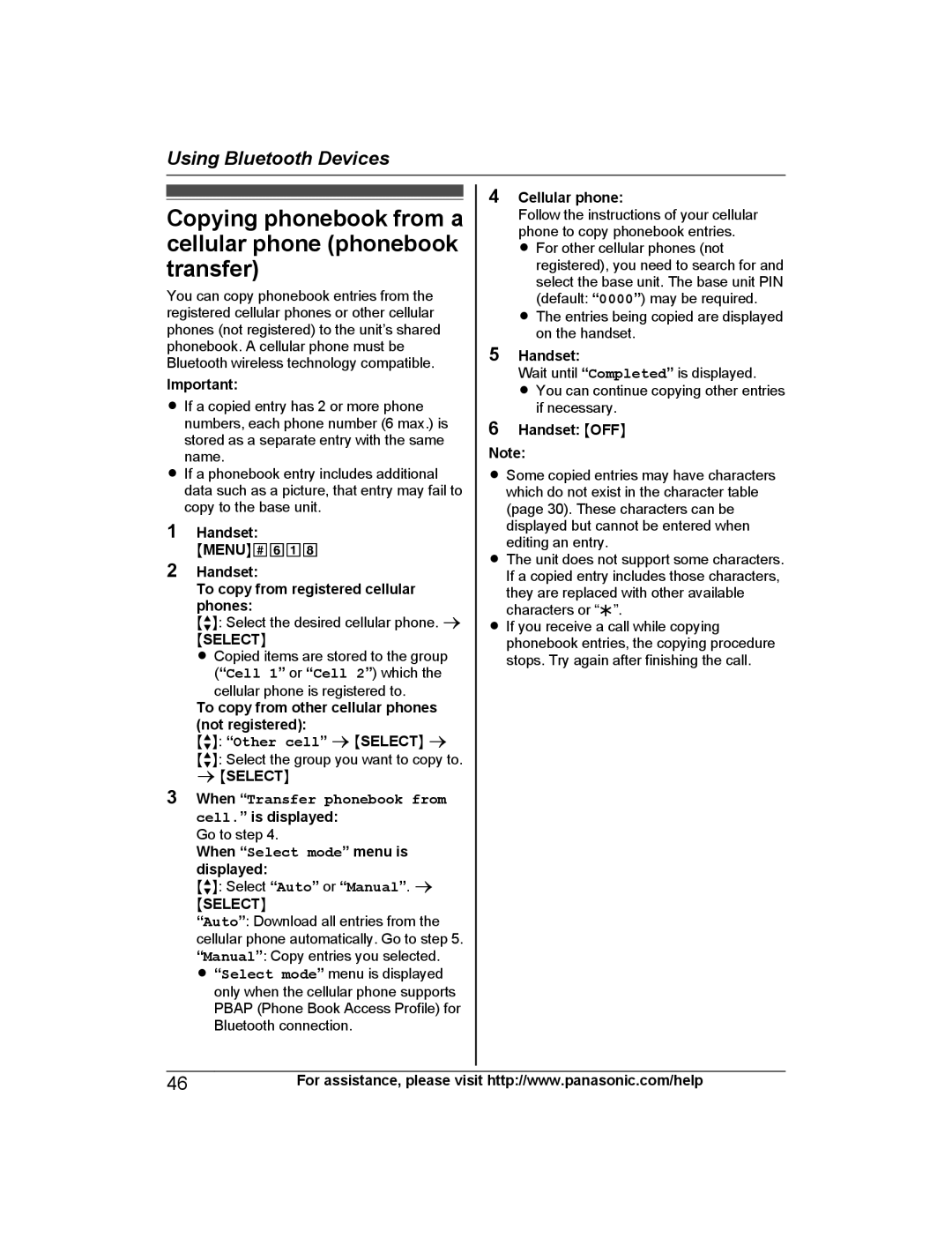 Panasonic KX-TG7742, KX-TG7745, KX-TG7743, KX-TG7741, KX-TG254SK Copying phonebook from a cellular phone phonebook transfer 