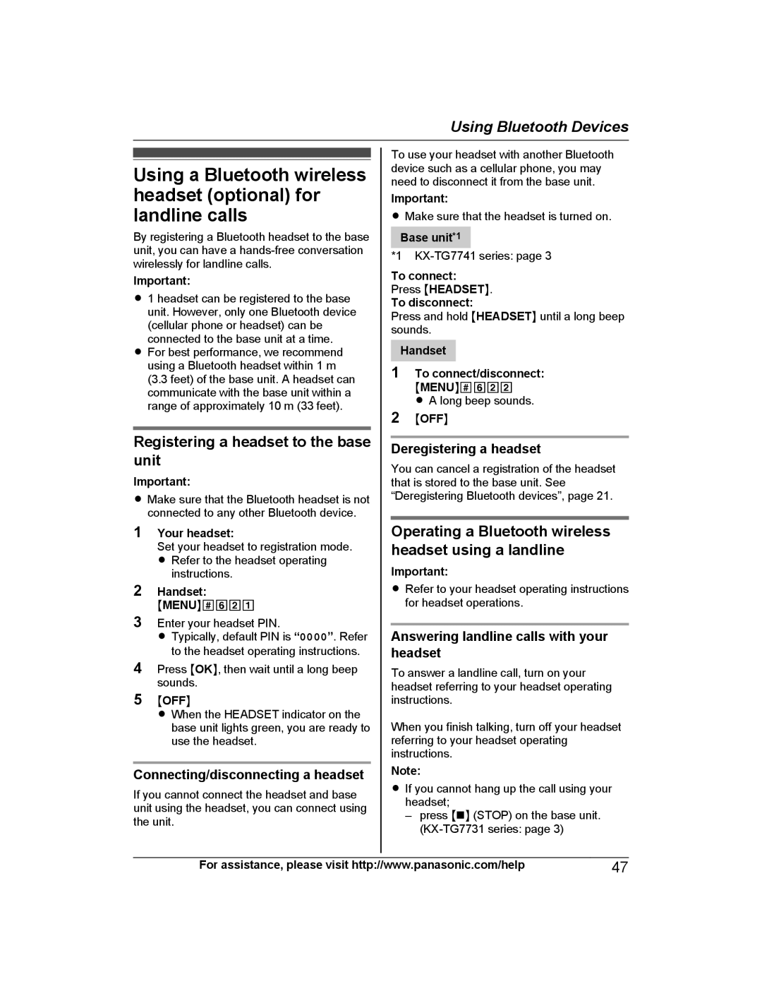 Panasonic KX-TG7745 Registering a headset to the base unit, Operating a Bluetooth wireless headset using a landline 