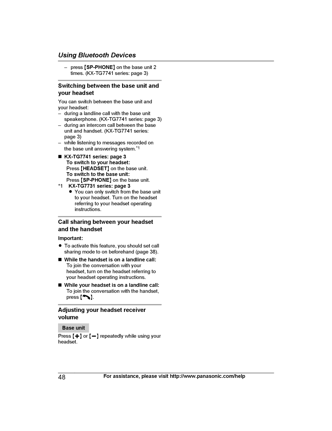 Panasonic KX-TG7743 Switching between the base unit and your headset, Call sharing between your headset and the handset 