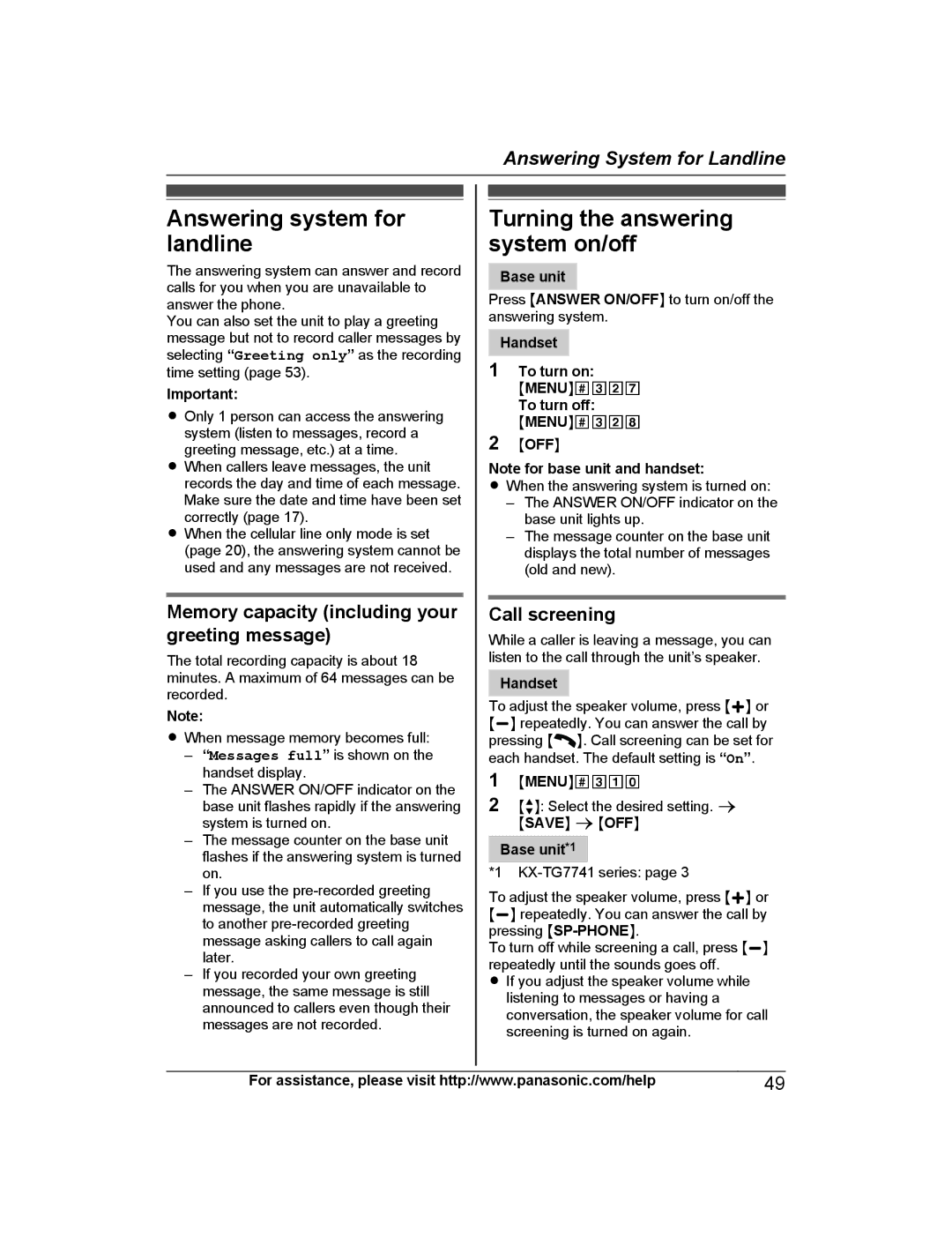 Panasonic KX-TG7741 Answering system for landline, Turning the answering system on/off, Call screening, Handset To turn on 