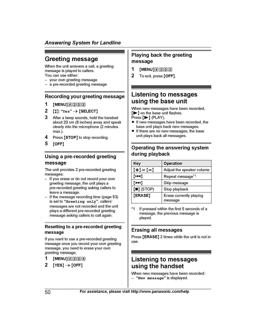 Panasonic KX-TG254SK Greeting message, Listening to messages using the base unit, Listening to messages using the handset 