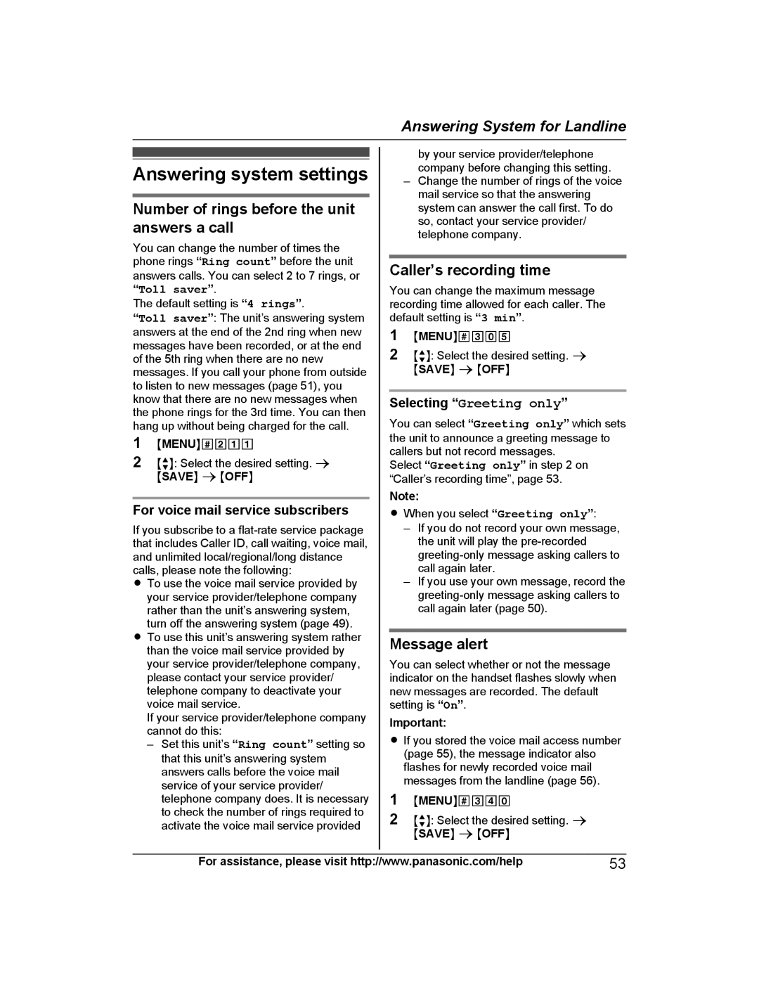 Panasonic KX-TG7733 Answering system settings, Number of rings before the unit answers a call, Caller’s recording time 