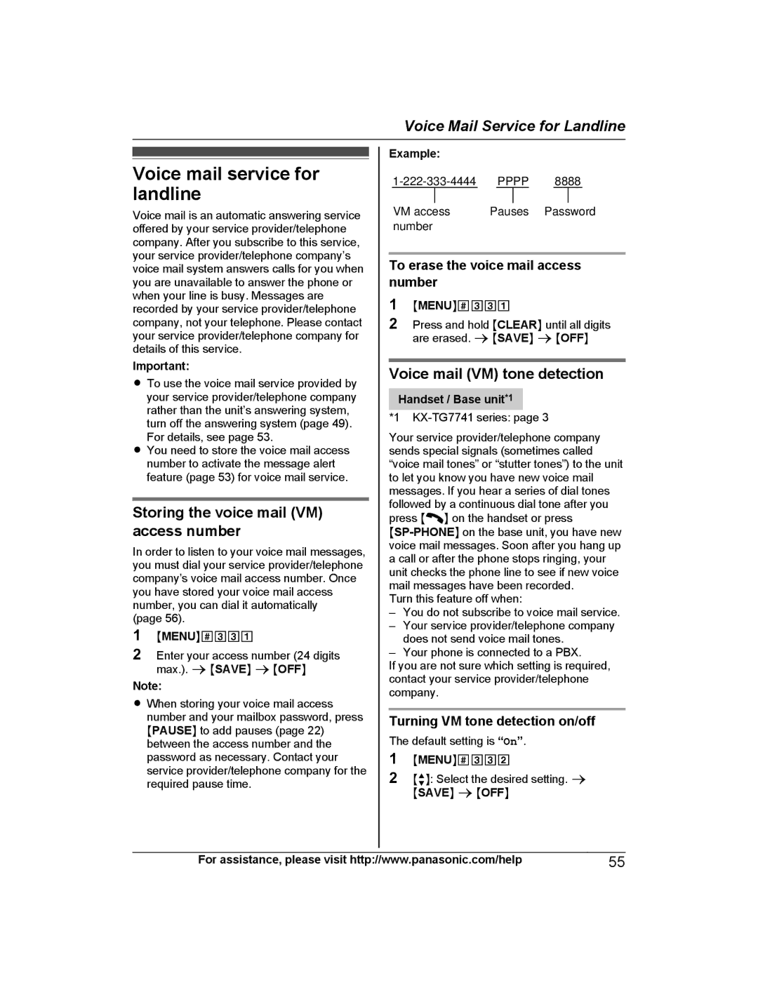 Panasonic KX-TG7745S, KX-TG7742, KX-TG7743 Voice mail service for landline, Storing the voice mail VM access number 