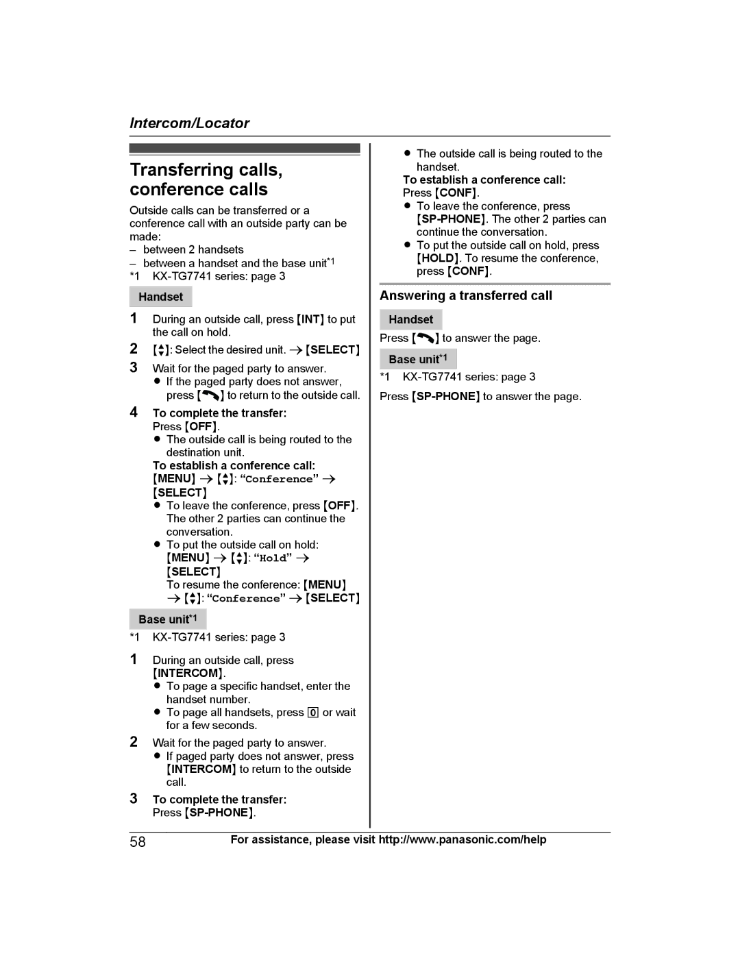 Panasonic KX-TG7743S Transferring calls, conference calls, Answering a transferred call, To establish a conference call 