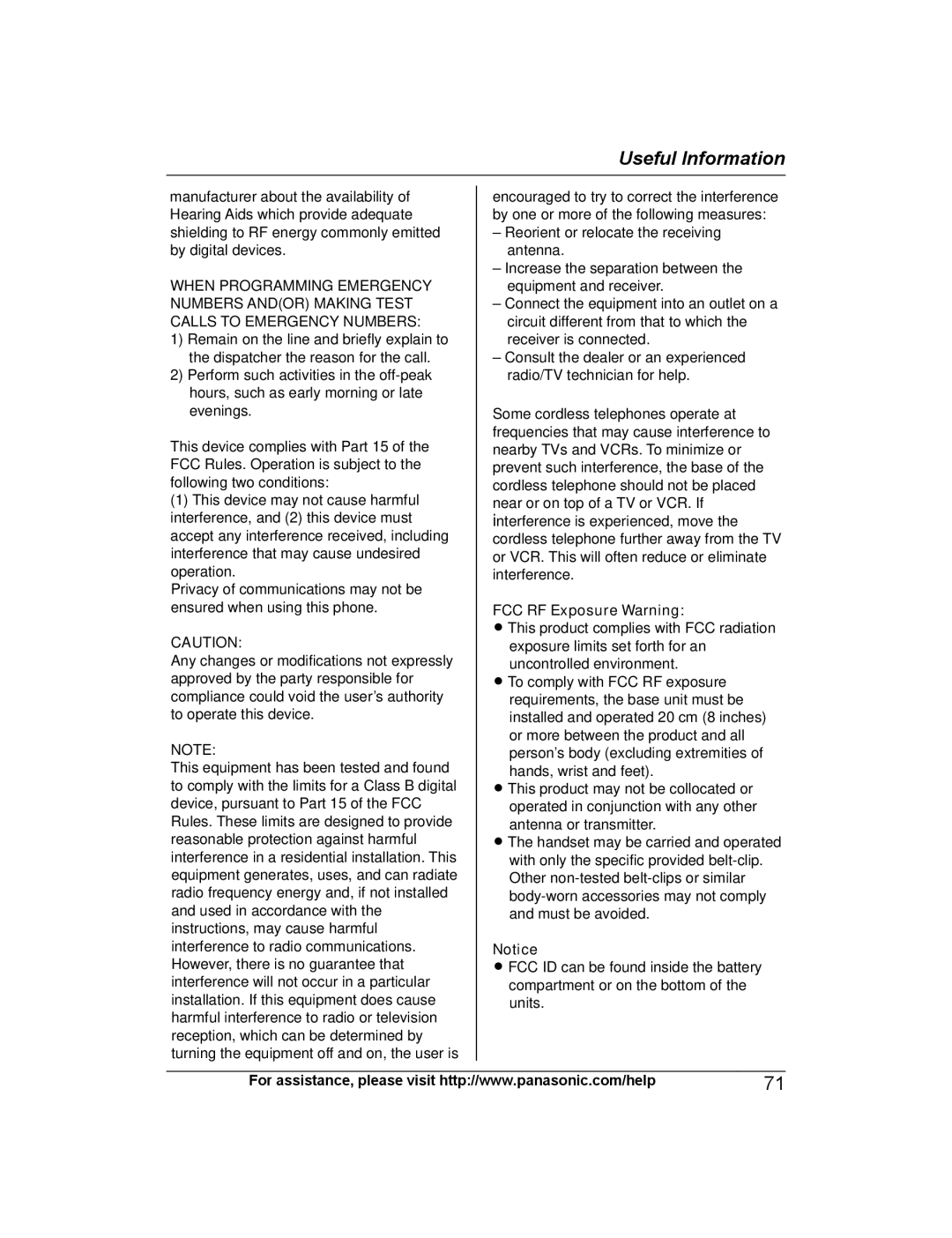 Panasonic KX-TG7743, KX-TG7742, KX-TG7745, KX-TG7741, KX-TG254SK, KX-TG7732, KX-TG7731, KX-TG7733 FCC RF Exposure Warning 