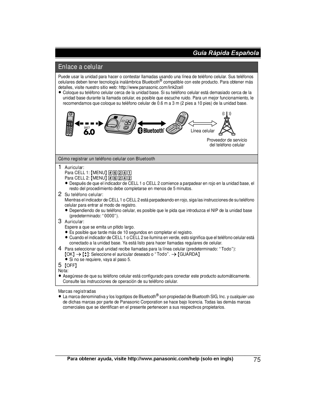 Panasonic KX-TG7731, KX-TG7742 Cómo registrar un teléfono celular con Bluetooth Auricular, Su teléfono celular, OFF Nota 