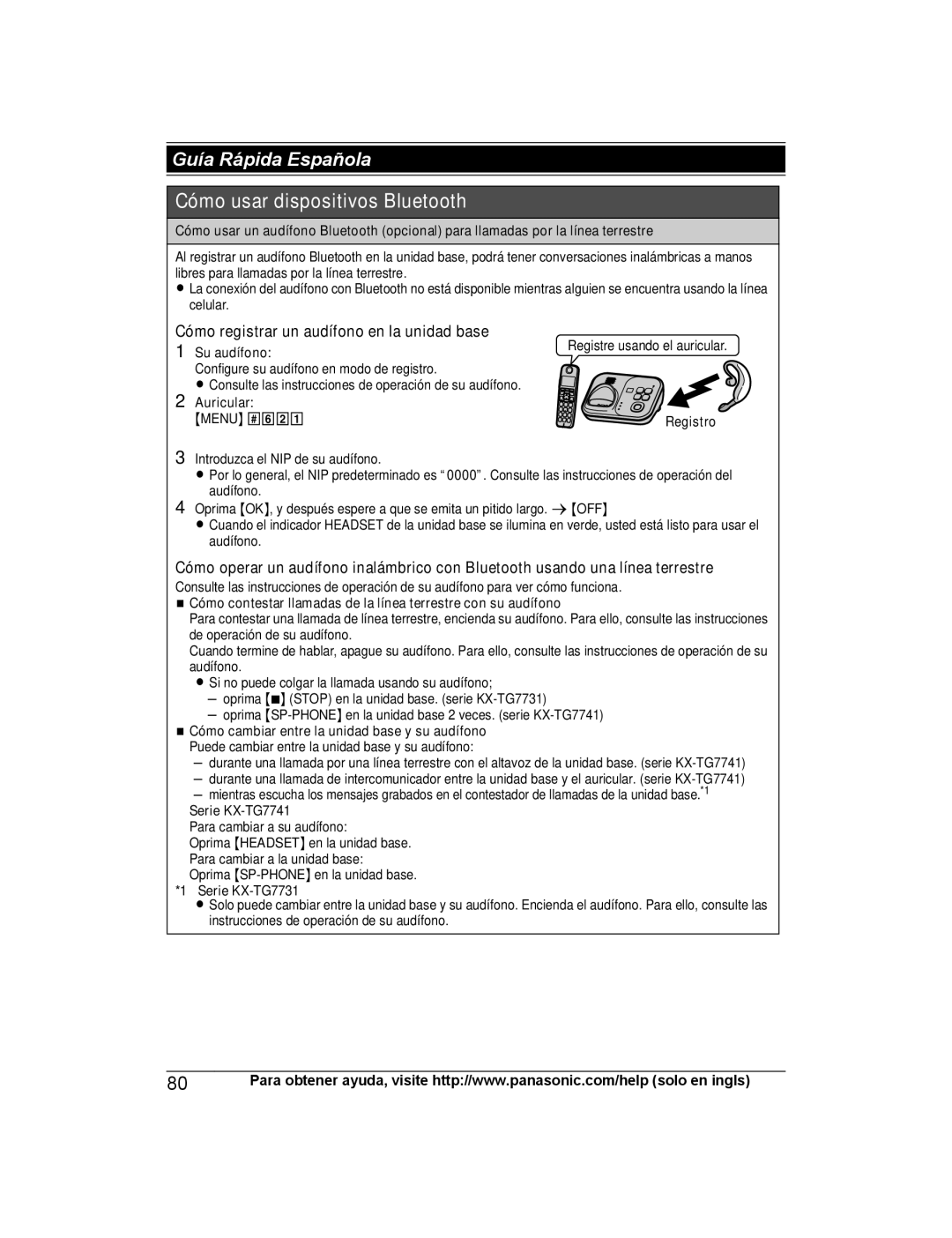 Panasonic KX-TG7742S, KX-TG7745, KX-TG7743, KX-TG254SK Su audífono, Auricular Menu, Serie KX-TG7741, Serie KX-TG7731 