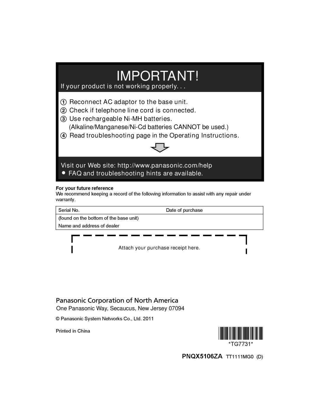 Panasonic KXTG7742S, KX-TG7742 Read troubleshooting page in the Operating Instructions, For your future reference 