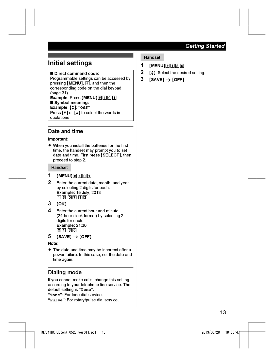 Panasonic KX-TG7841UE, KX-TG7841BX operating instructions Initial settings, Date and time, Dialing mode 