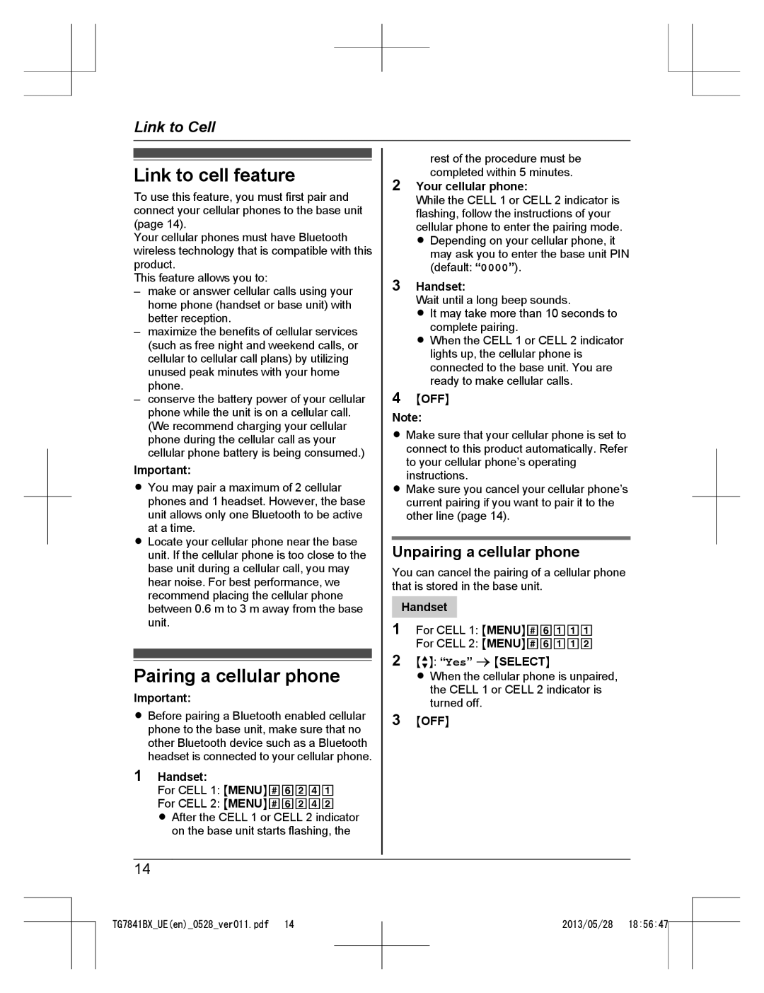 Panasonic KX-TG7841BX, KX-TG7841UE Link to cell feature, Pairing a cellular phone, Unpairing a cellular phone, Moffn 