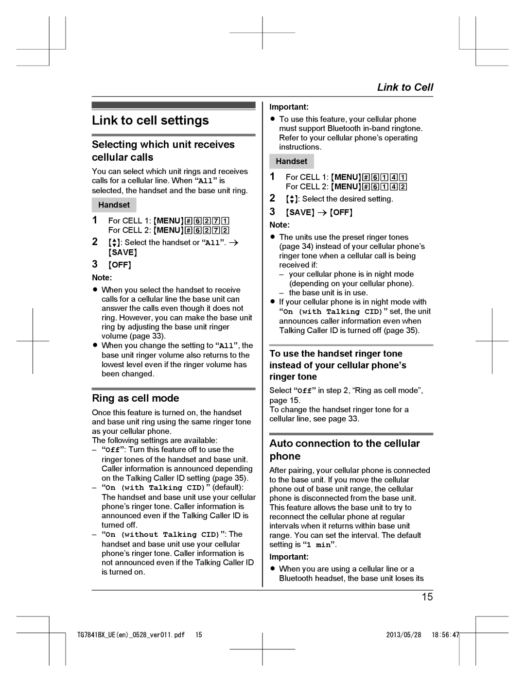 Panasonic KX-TG7841UE Link to cell settings, Selecting which unit receives cellular calls, Ring as cell mode, Msaven Moffn 