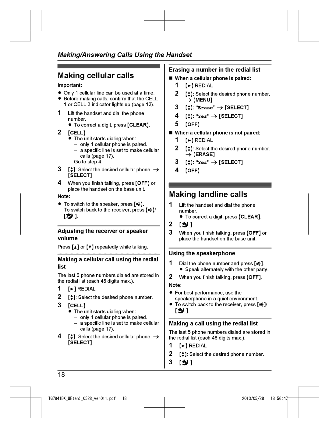 Panasonic KX-TG7841BX, KX-TG7841UE operating instructions Making cellular calls, Making landline calls 