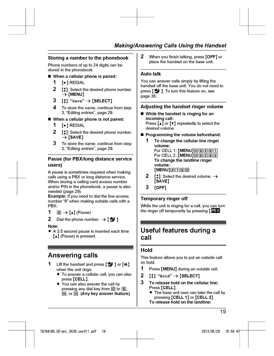 Panasonic KX-TG7841UE, KX-TG7841BX operating instructions Answering calls, Useful features during a call, Hold 