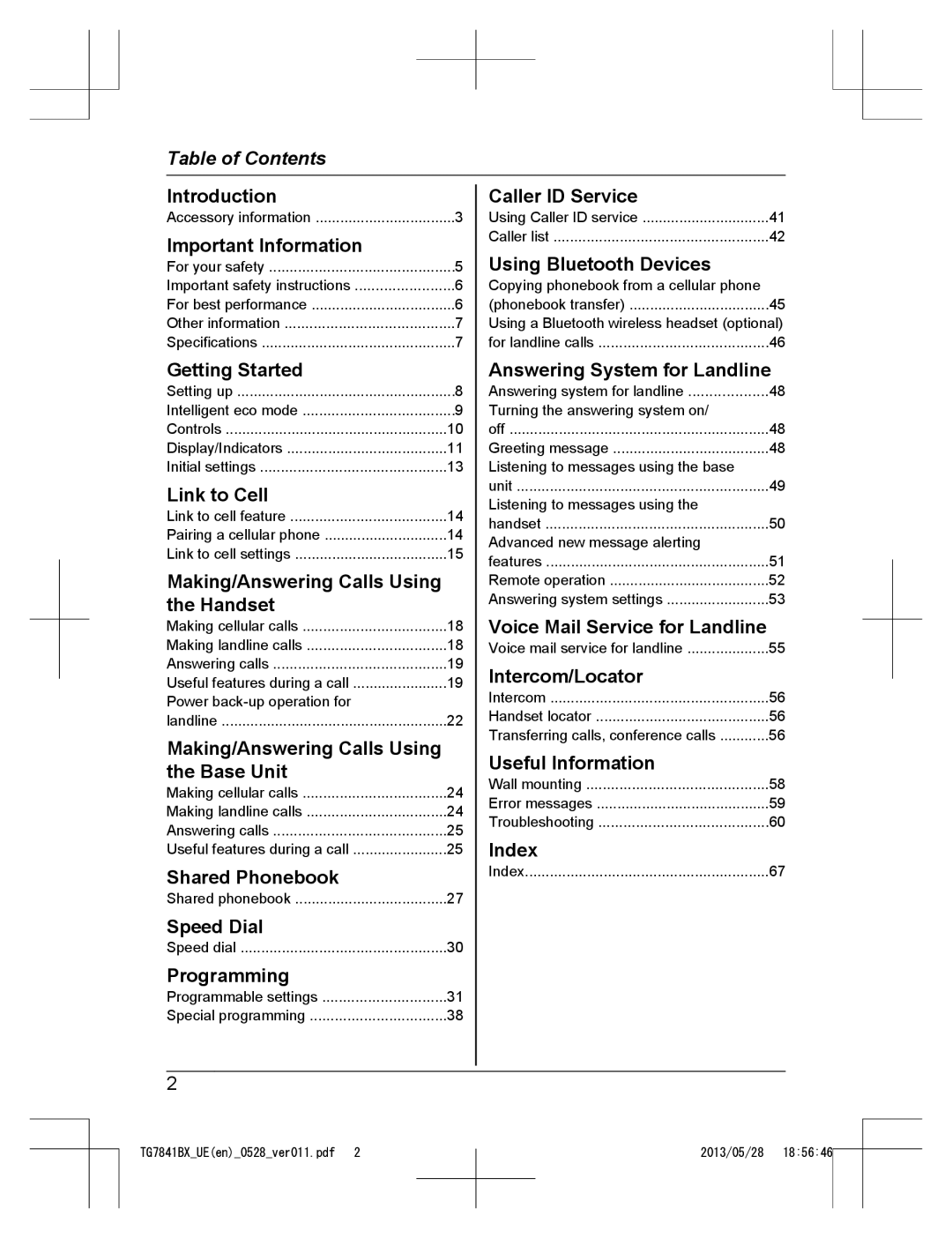 Panasonic KX-TG7841BX, KX-TG7841UE operating instructions Table of Contents 