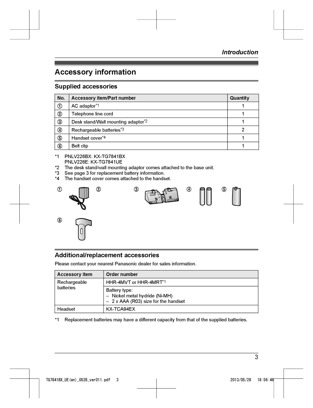 Panasonic KX-TG7841UE, KX-TG7841BX Accessory information, Supplied accessories, Additional/replacement accessories 