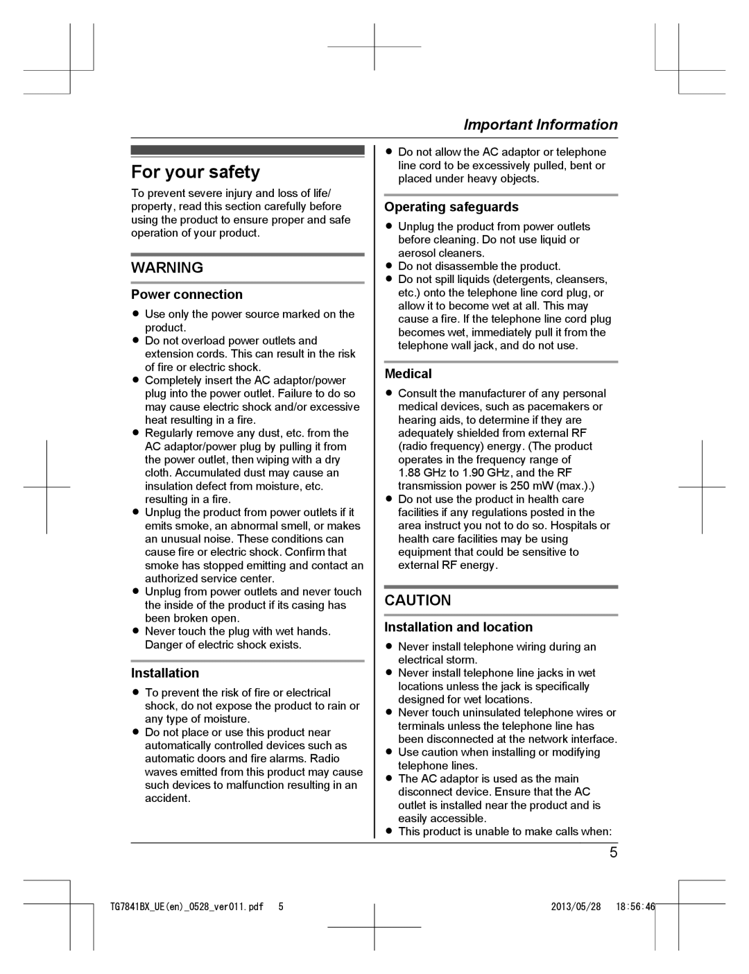 Panasonic KX-TG7841UE, KX-TG7841BX operating instructions For your safety 