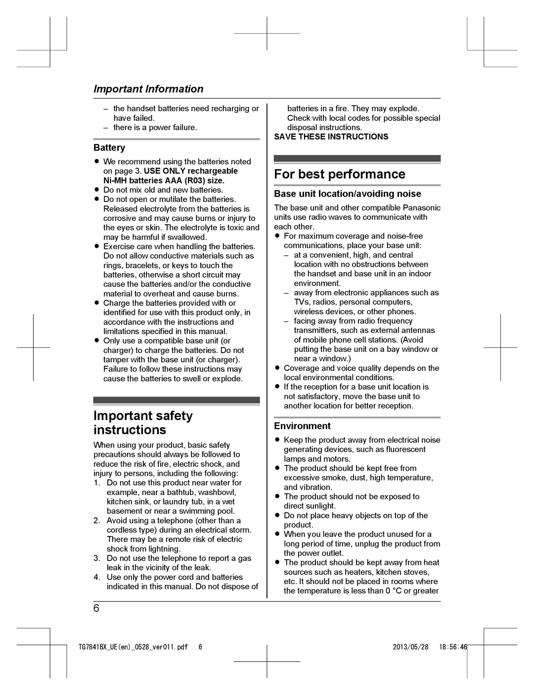 Panasonic KX-TG7841BX Important safety instructions, For best performance, Battery, Base unit location/avoiding noise 