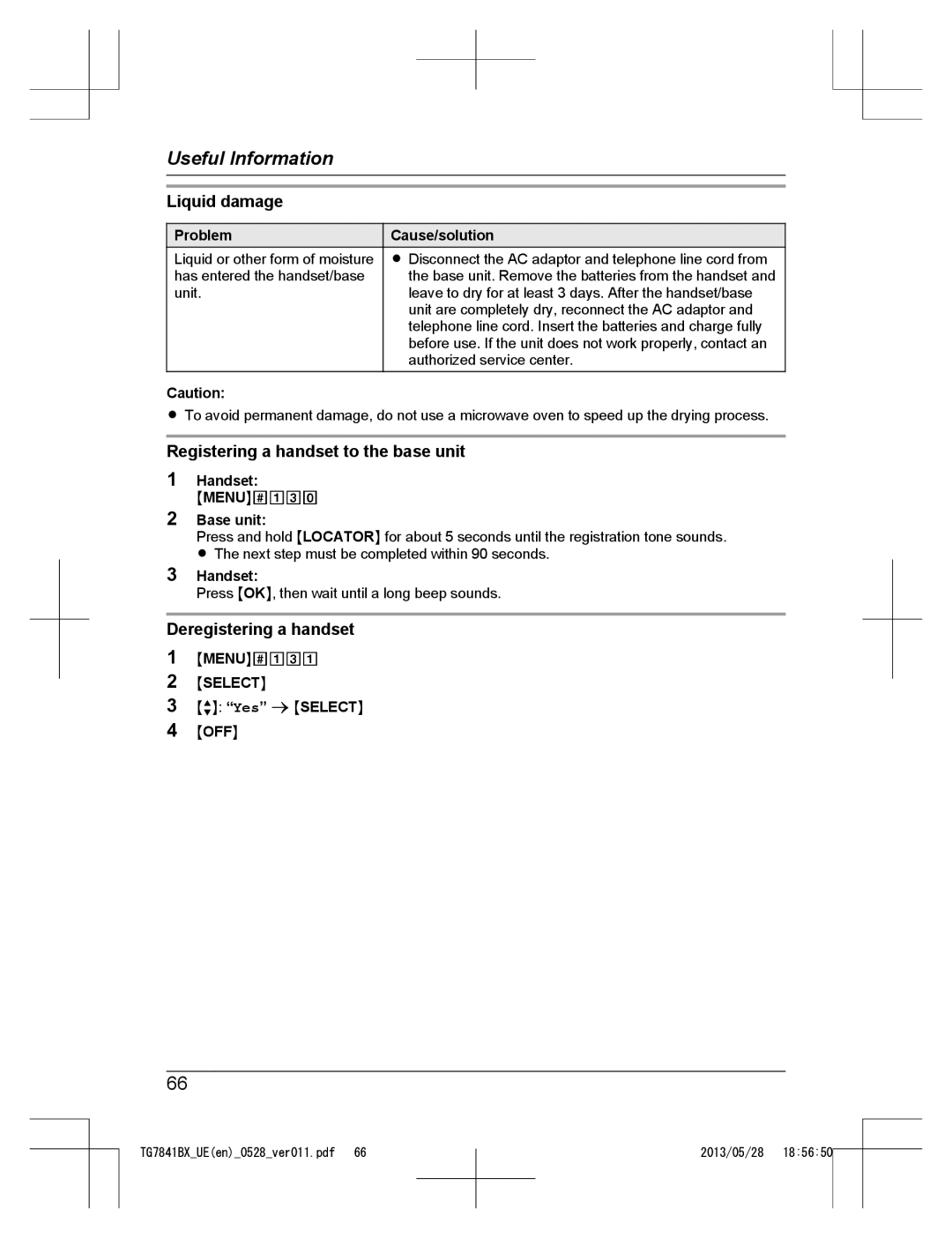 Panasonic KX-TG7841BX, KX-TG7841UE Liquid damage, Registering a handset to the base unit, Deregistering a handset 