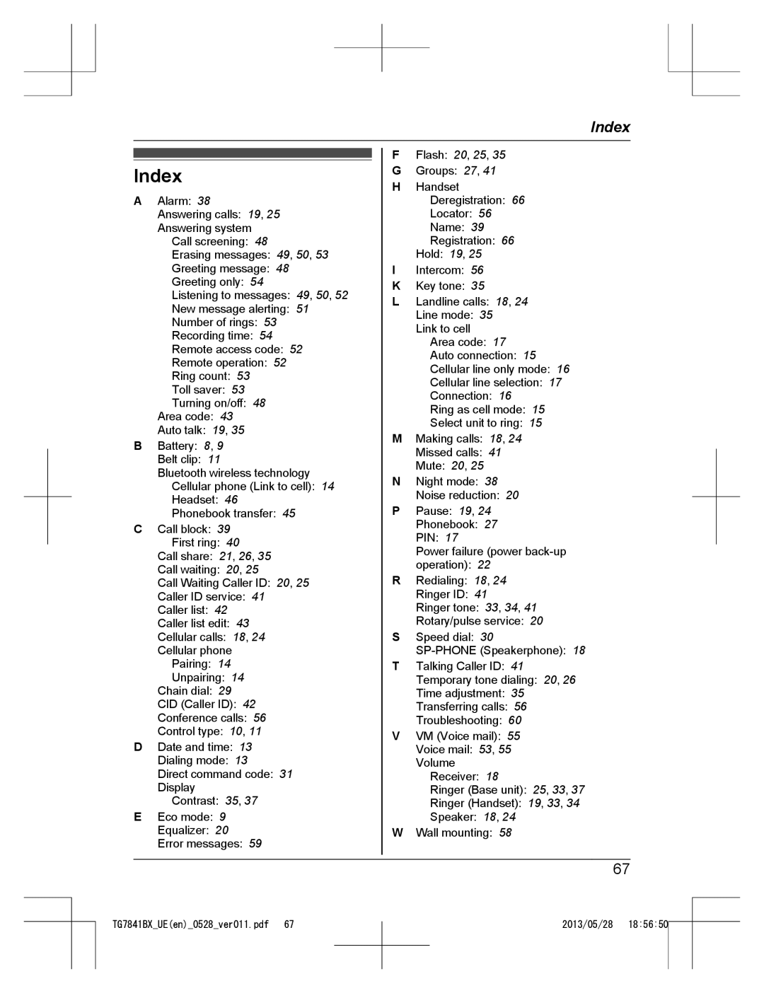 Panasonic KX-TG7841UE, KX-TG7841BX operating instructions Index 