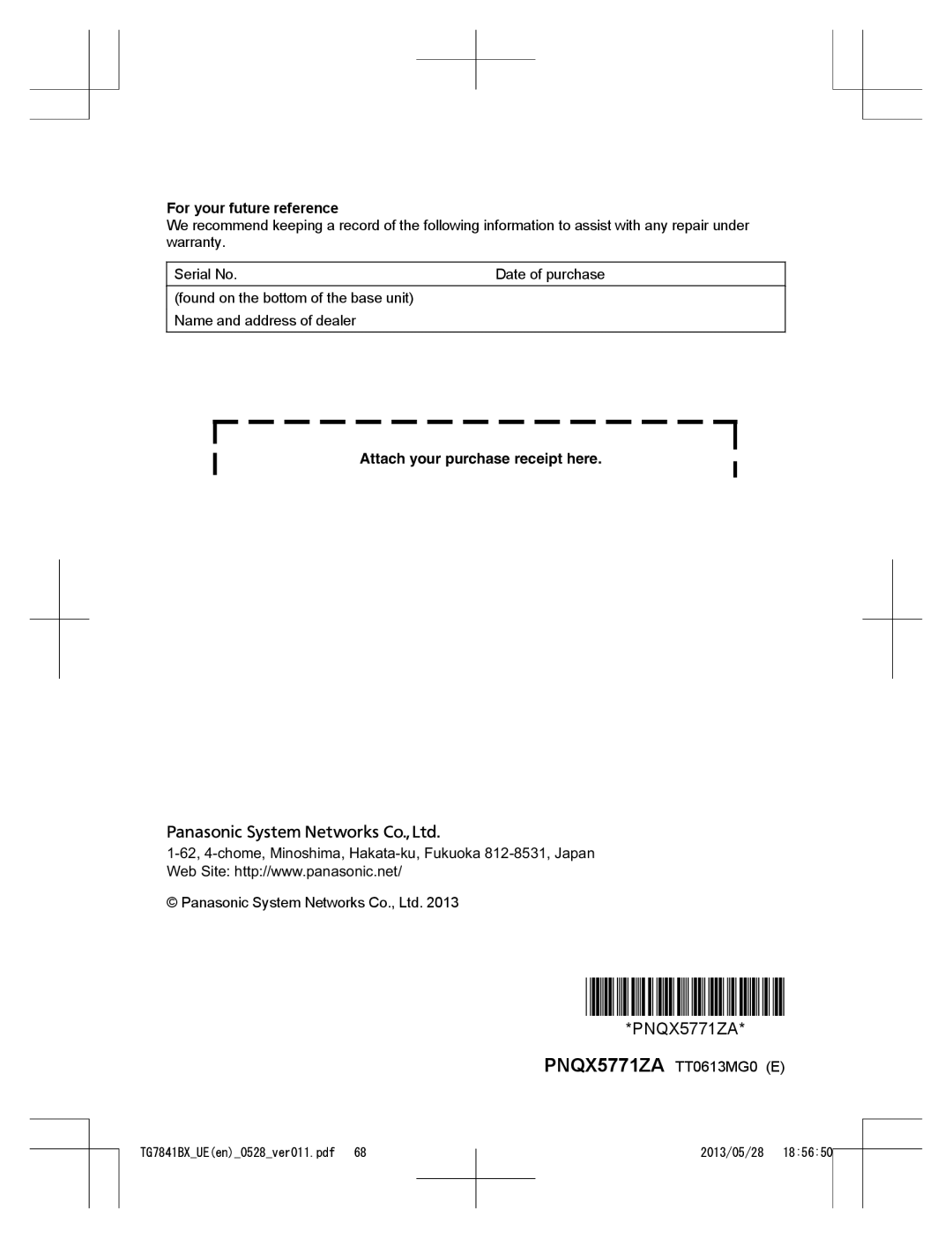 Panasonic KX-TG7841BX, KX-TG7841UE operating instructions For your future reference 