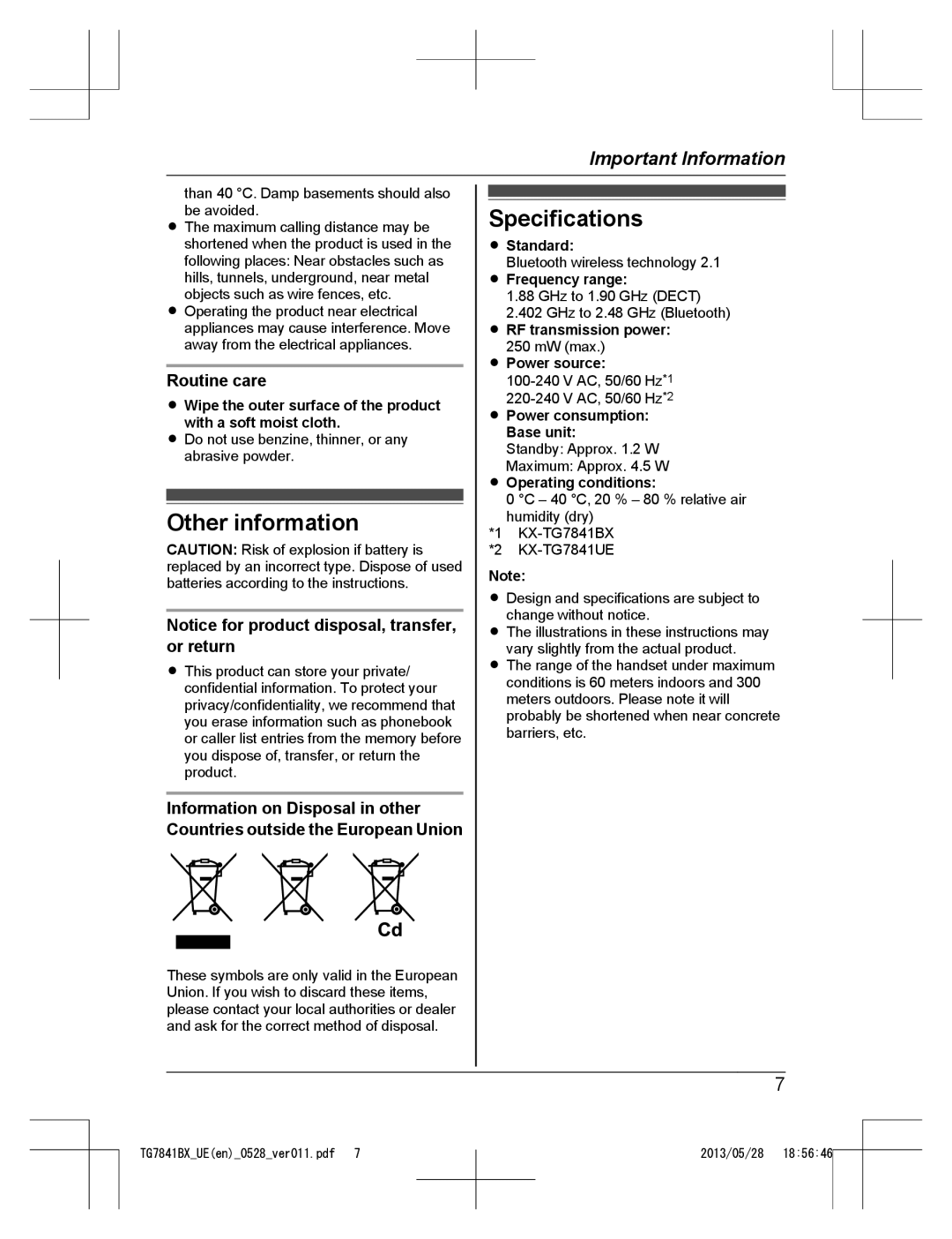 Panasonic KX-TG7841UE, KX-TG7841BX operating instructions Other information, Specifications, Routine care 