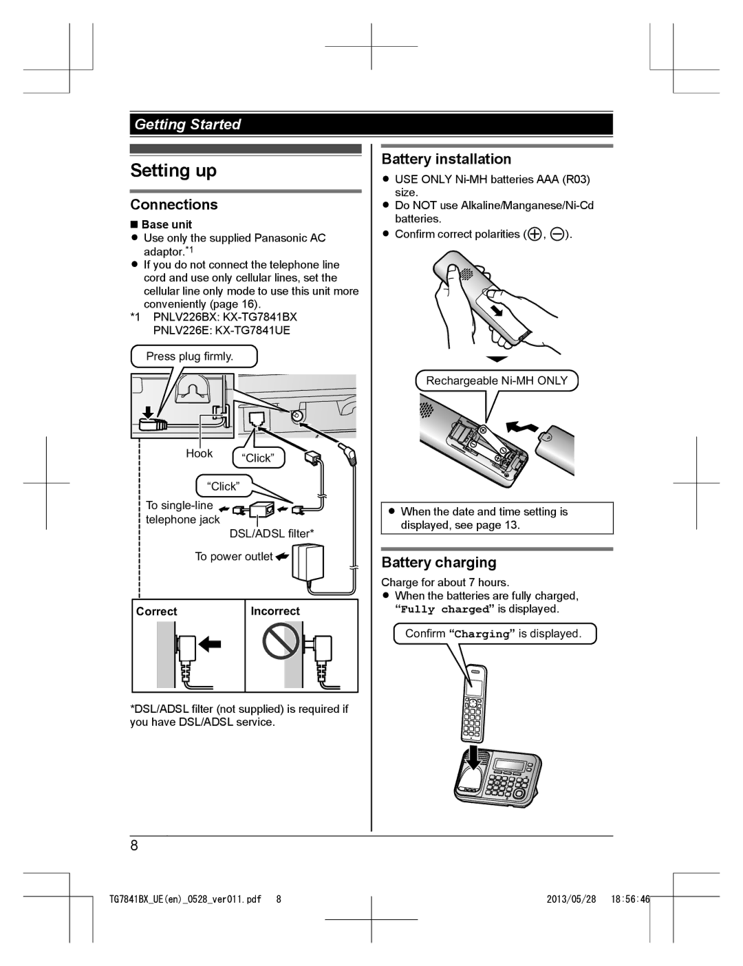 Panasonic KX-TG7841BX, KX-TG7841UE operating instructions Setting up, Connections, Battery installation, Battery charging 