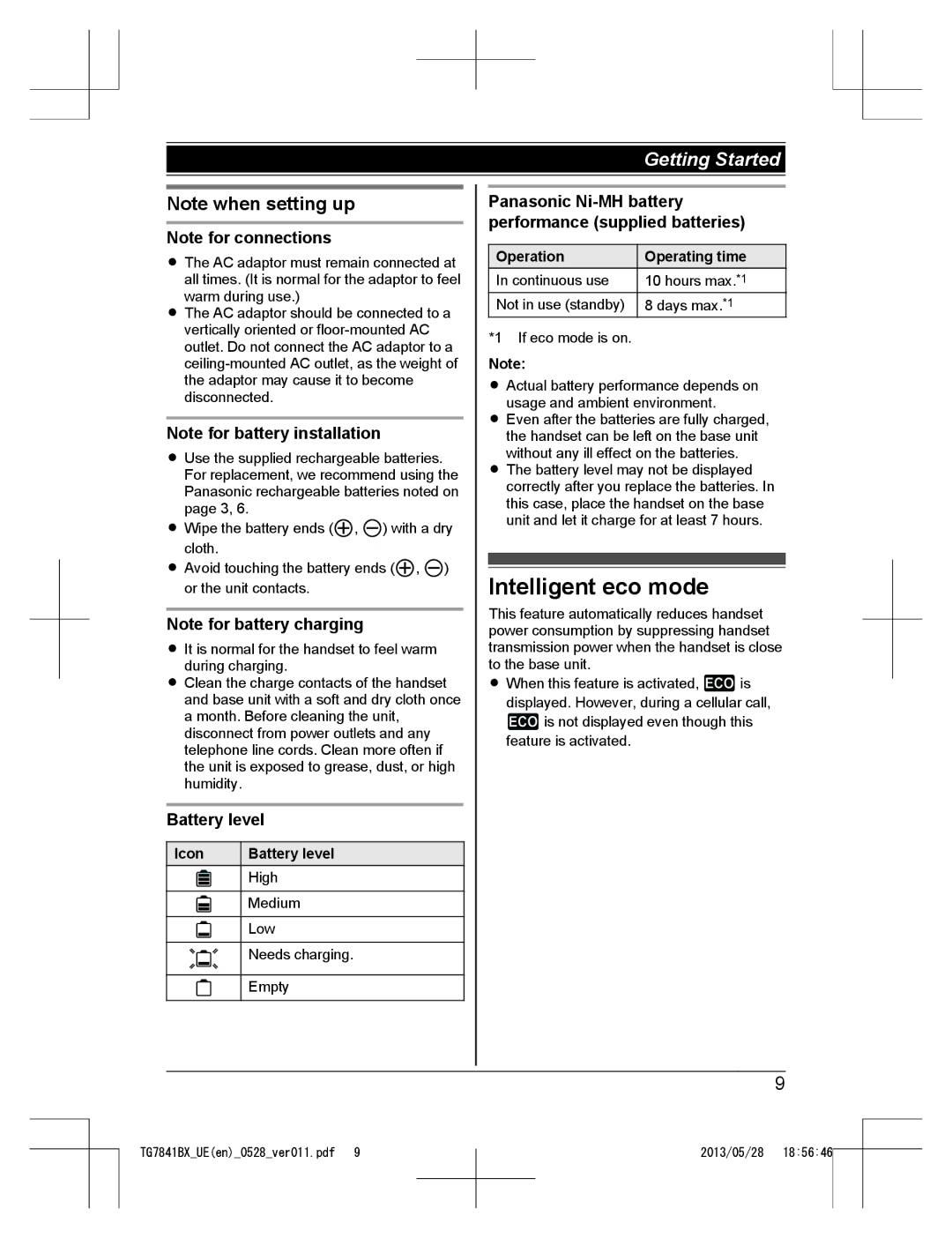 Panasonic KX-TG7841UE, KX-TG7841BX Intelligent eco mode, Icon Battery level, Operation Operating time 