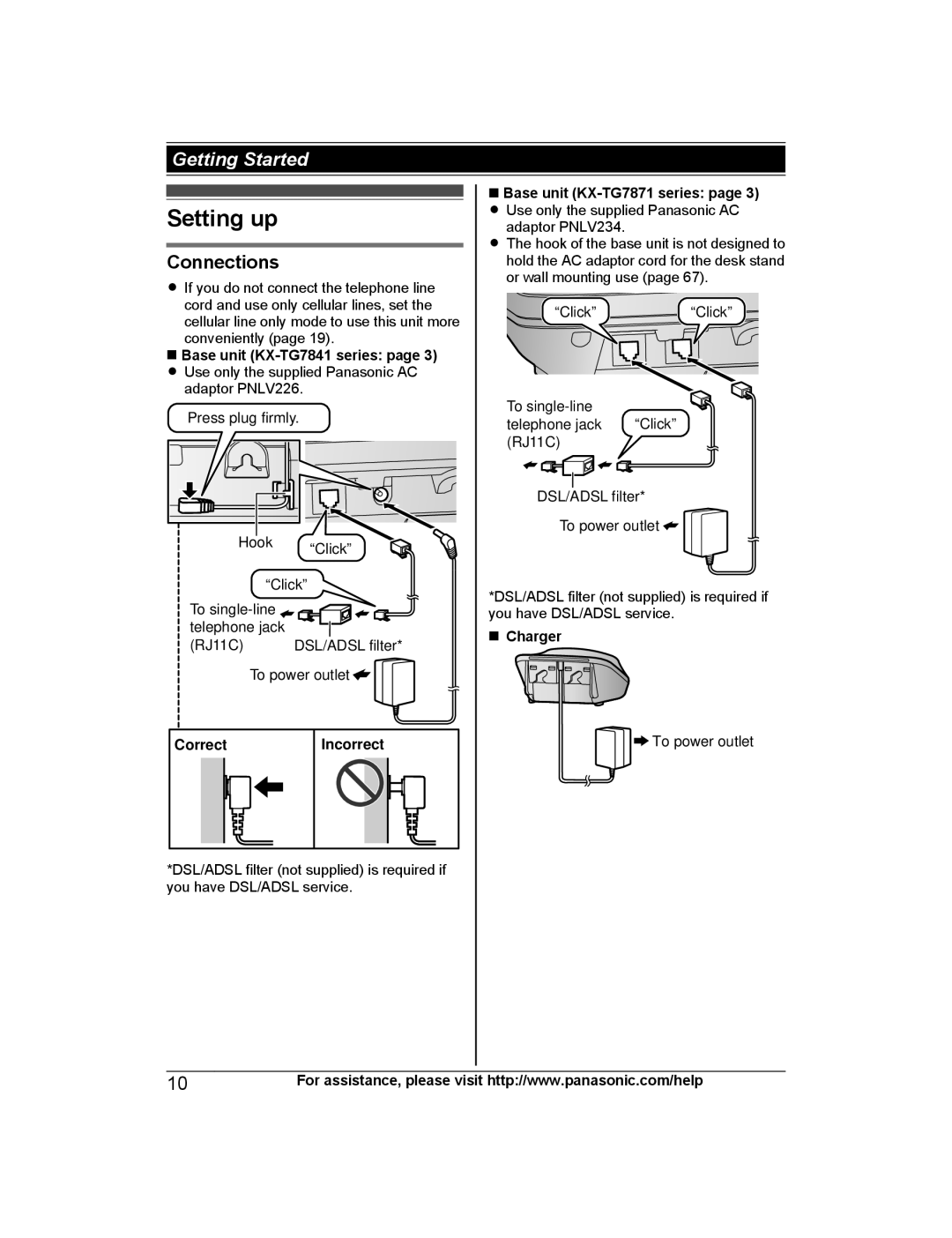 Panasonic KX-TG365SK, KX-TG7845, KX-TG7873 Setting up, Connections, Base unit KX-TG7841 series, Base unit KX-TG7871 series 