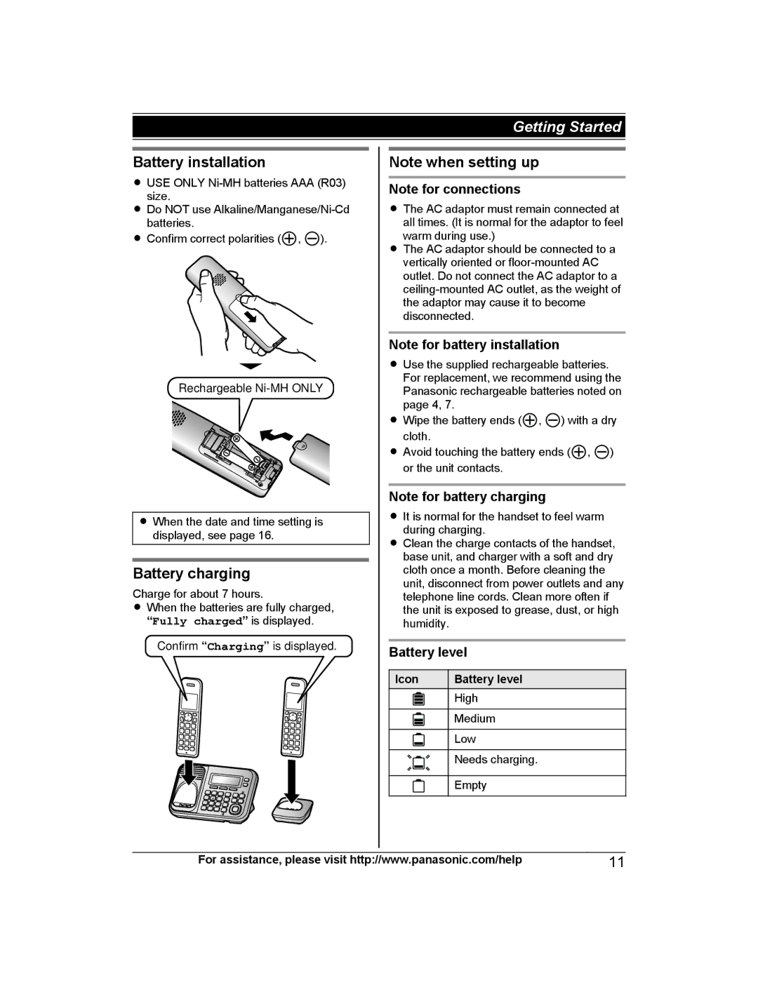 Panasonic KXTG7875S, KX-TG7845, KX-TG7873, KX-TG7875 Battery installation, Battery charging, Icon Battery level 