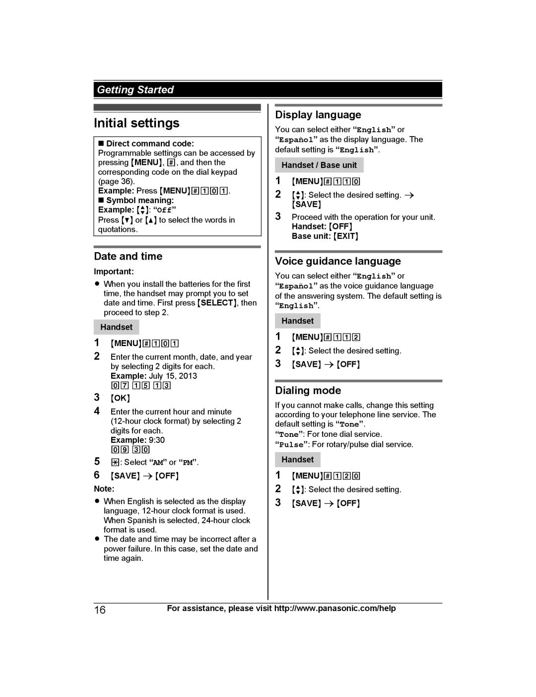 Panasonic KX-TG7873, KX-TG7845 Initial settings, Date and time, Display language, Voice guidance language, Dialing mode 