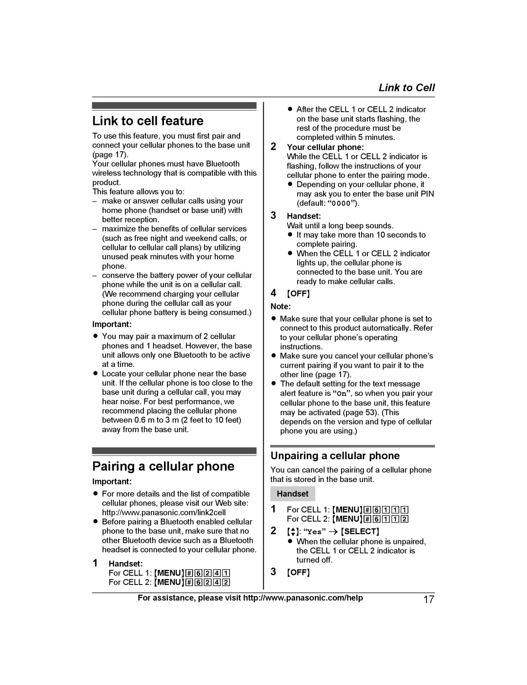 Panasonic KX-TG7875, KX-TG7845, KX-TG7873 Link to cell feature, Pairing a cellular phone, Unpairing a cellular phone, Moffn 