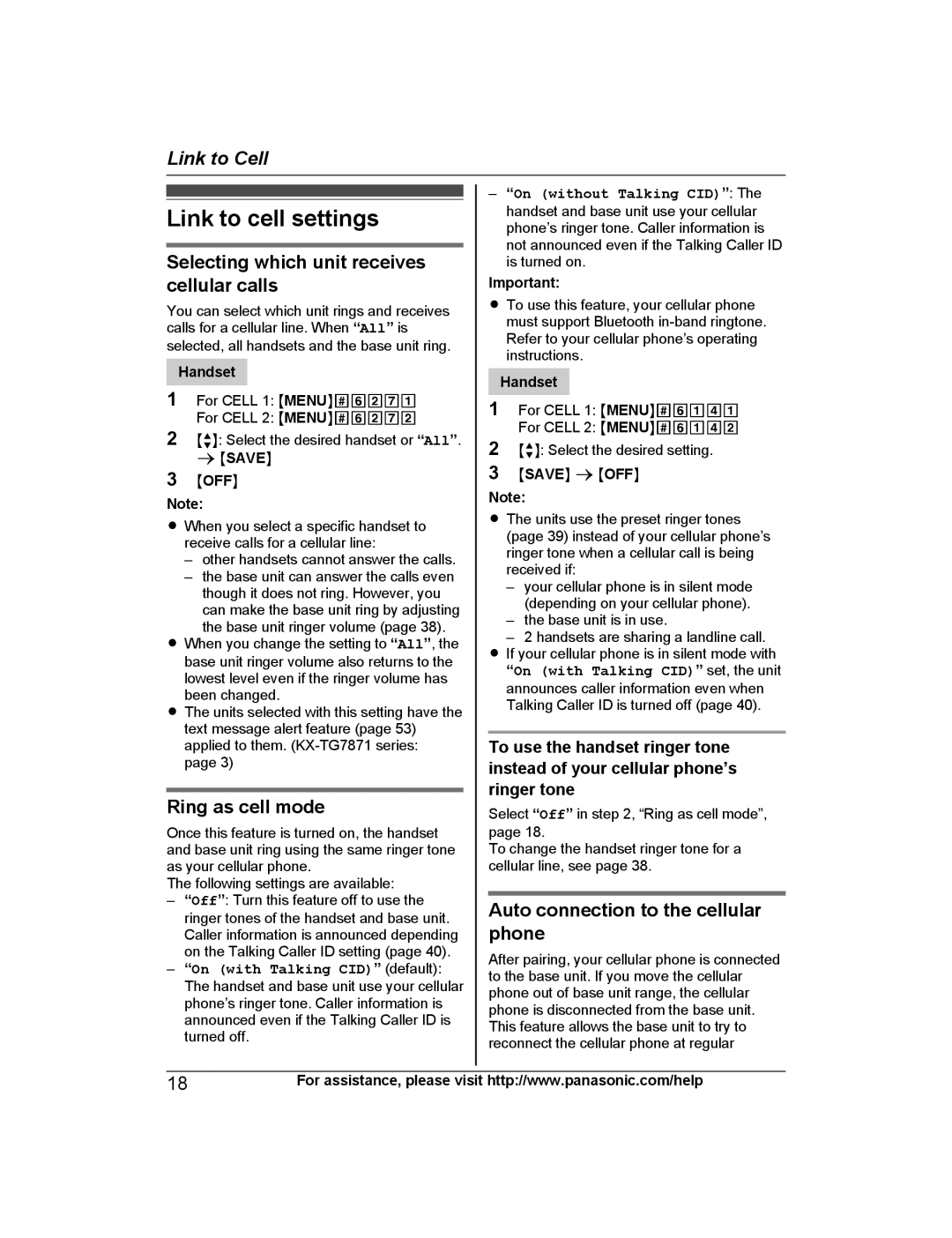 Panasonic KX-TG7841, KX-TG7845 Link to cell settings, Selecting which unit receives cellular calls, Ring as cell mode 